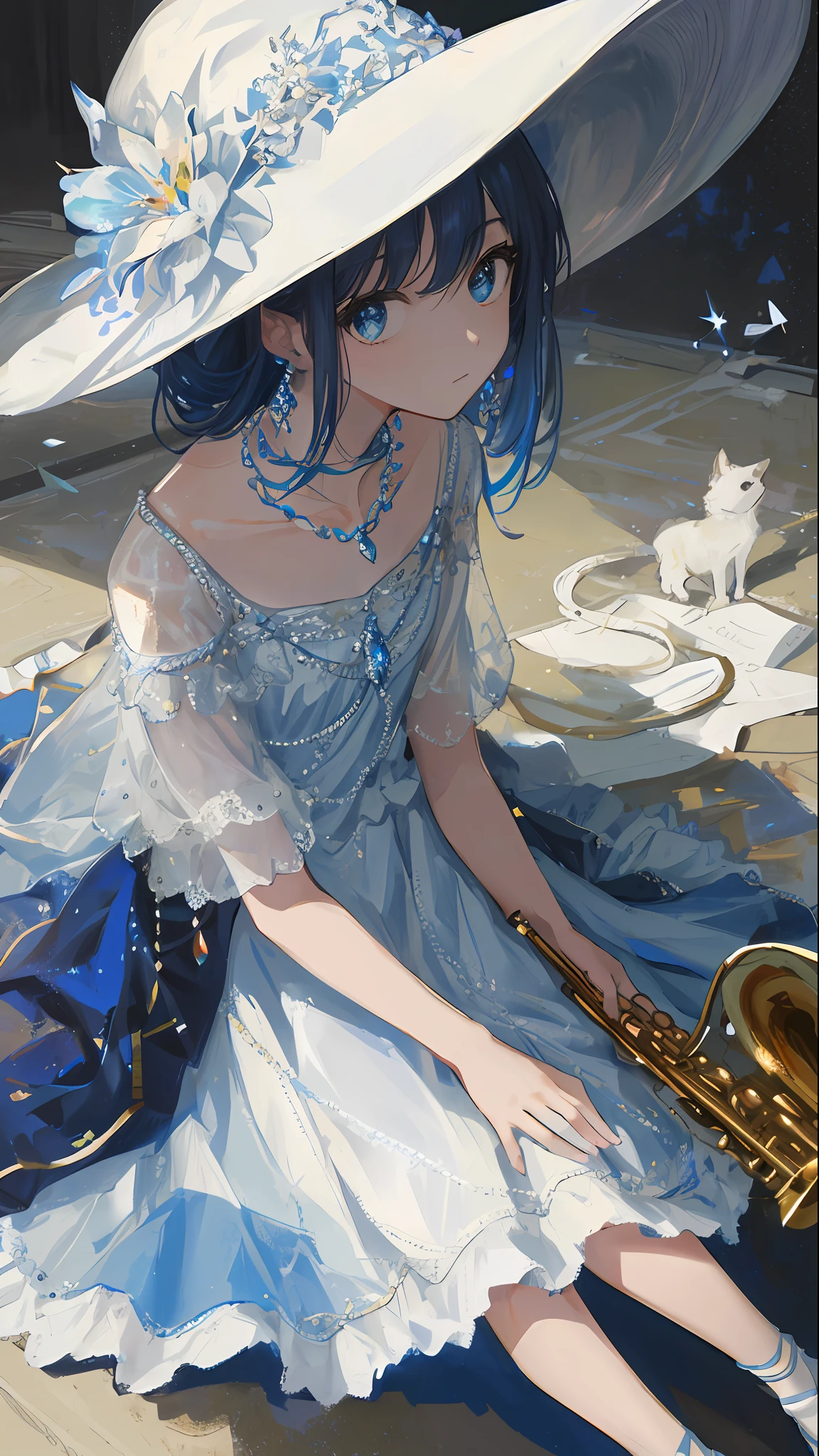 Masterpiece, Superb Painting, Saxophone Blue, Platinum Earrings, Platinum Necklace, White Dress, 1girl, Cute, (Dynamic Light: 1.2), Sitting on the Ground, Cinematic Light, Many Little Gems