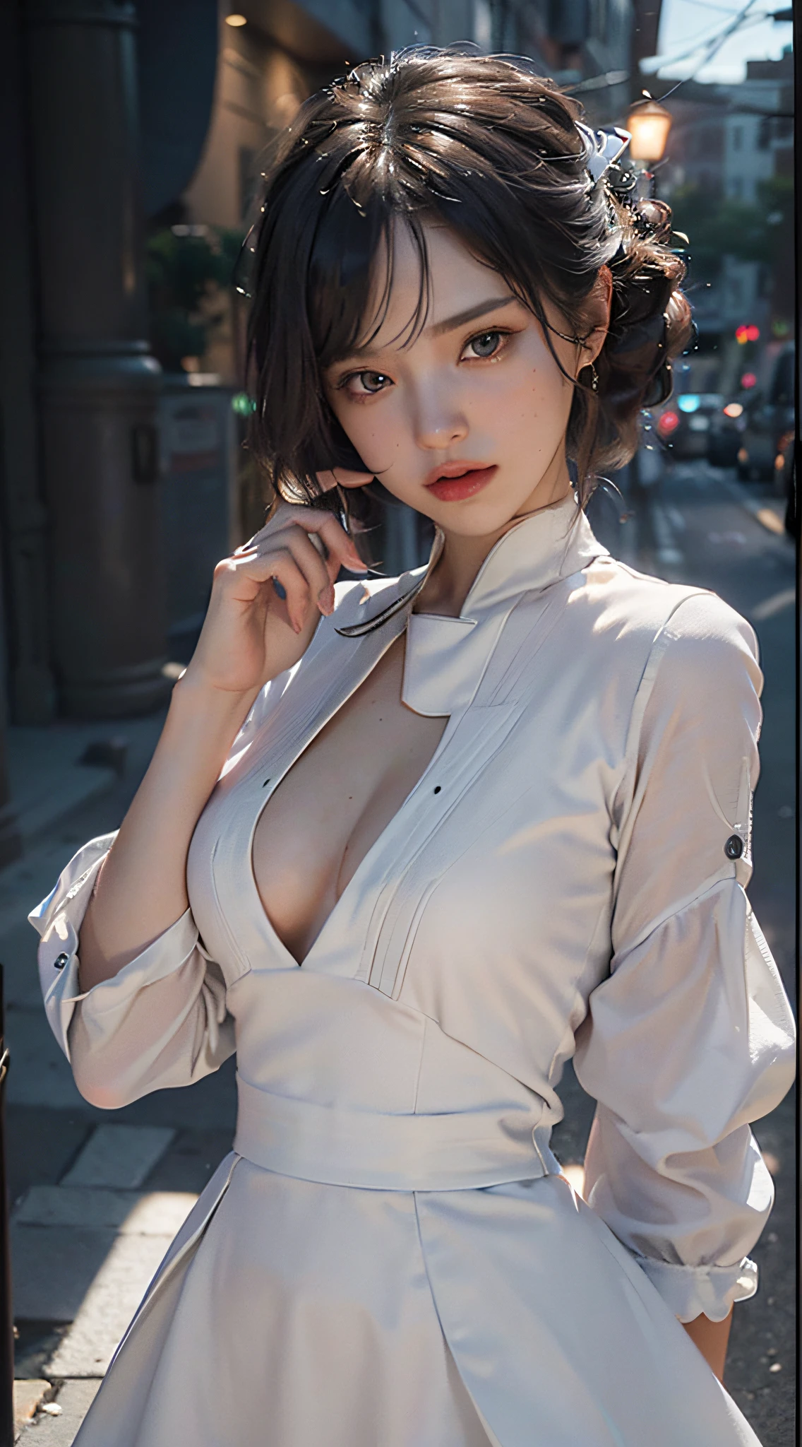 (Best Quality), ((Masterpiece), (Detail: 1.4), 3D, A Photo of a Beautiful Woman on the Street (at night), sparky blue dress, detailed face, perfect body, big breasts ,HDR (High Dynamic Range), Ray Tracing, NVIDIA RTX, Super-Resolution, Unreal 5, Subsurface Scattering, PBR Textures, Post Processing, Anisotropic Filtering, Depth of Field, Maximum Sharpness and Sharpness, Multi-layer Textures, Albedo and Highlight Maps, Surface Shading, Accurate simulation of light-material interactions, perfect proportions, Octane Render, two-color light, large aperture, low ISO, white balance, rule of thirds, 8K RAW,