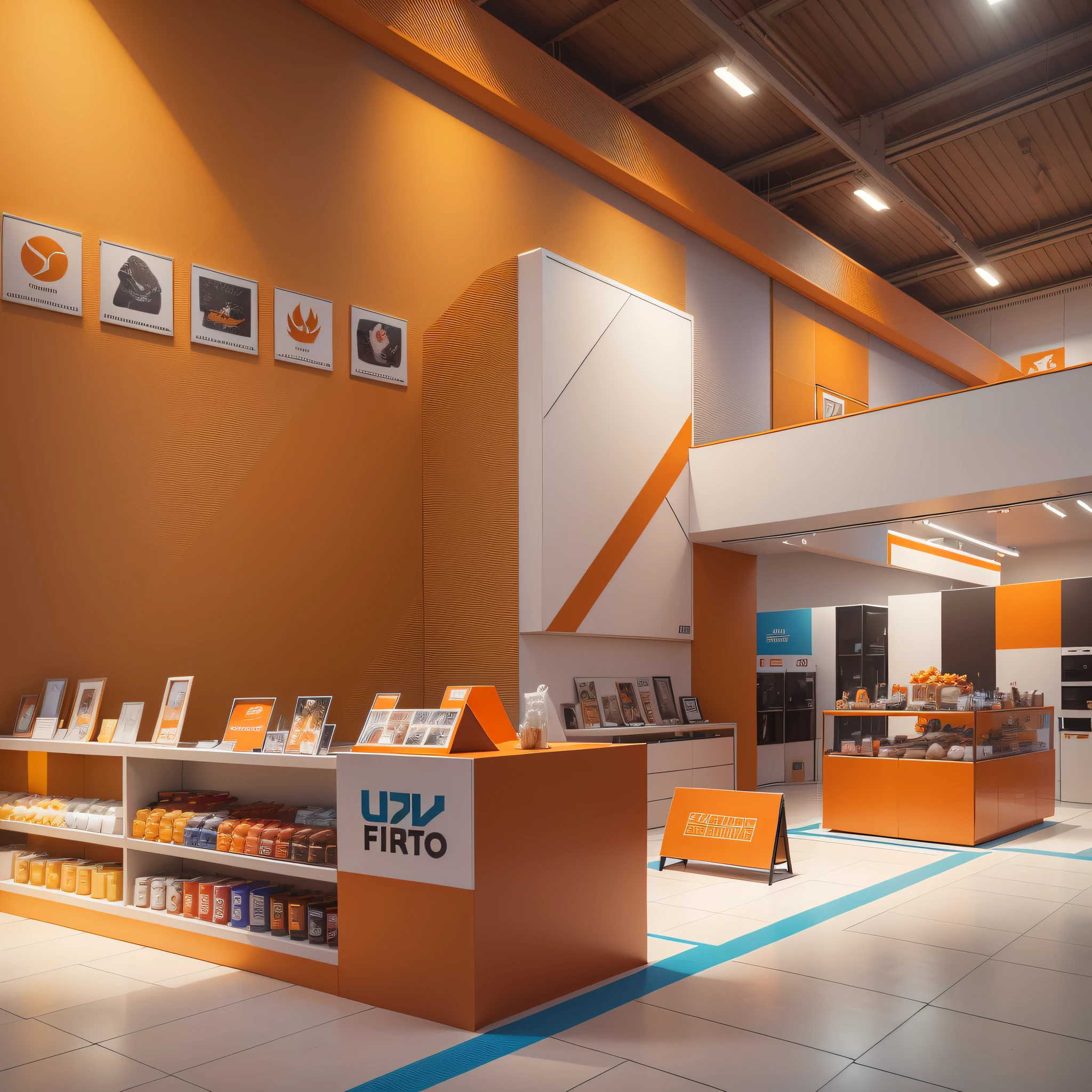 A total of 64 square meters of exhibition hall, The exhibition hall has only one floor, The height is 3.5 meters. The showroom is full of pet food and supplies, The main visual colors are Hermes orange and white, first-person view, multiple views, high detail, Cubist Futurism, UHD --auto --s2