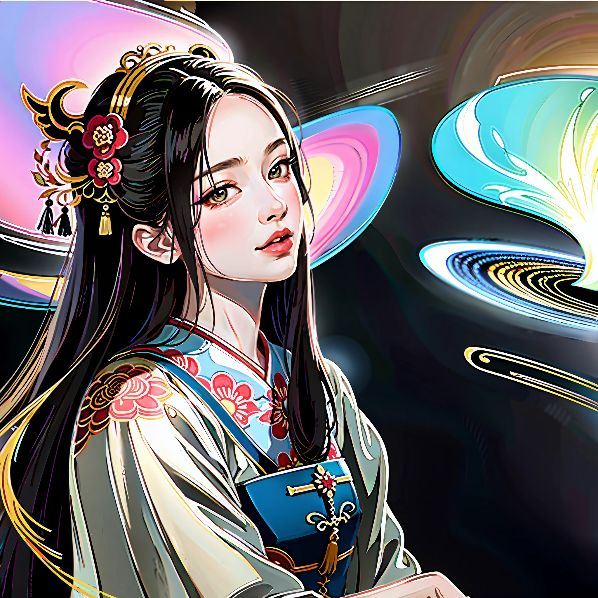 Ancient Chinese beauty, dressed in ancient Chinese clothing, flowing tulle, light silk, ink painting style, clean colors, masterpiece, super detailed, epic composition, high quality, highest quality, freehand, super clear face,