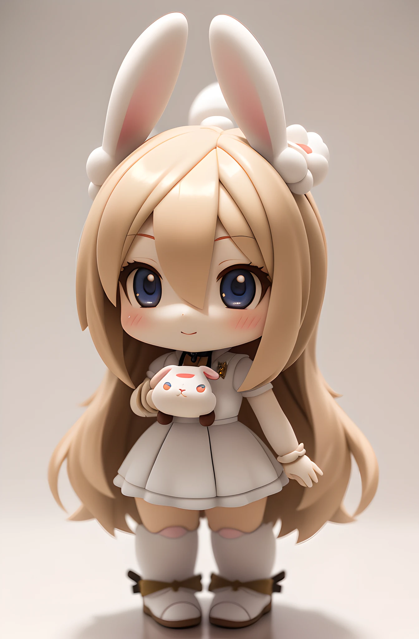 Bunny Morphing Girl, Fluffy, Soft ,((Best Quality)), ((Masterpiece)), ( Extreme Detail, Supreme Detail, Official Art, Beauty and Aesthetics:1.2), Depth of Field, Composition, Full Body 1:2, (Chibi), Clean Background, 3D Clay Rendering, (Beautiful and Detailed Eyes: 1.3), (Very Happy:1)