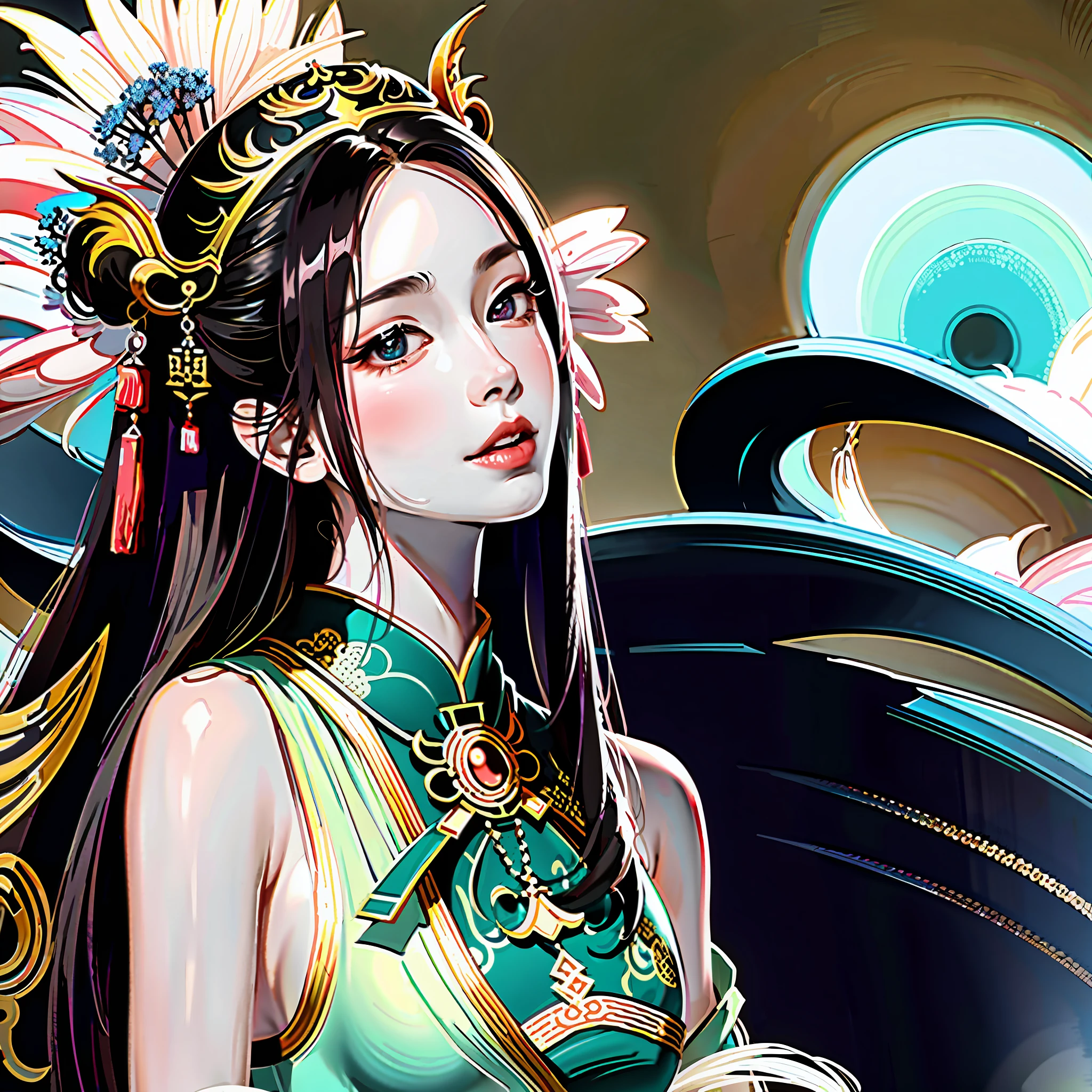 Ancient Chinese beauty, dressed in ancient Chinese clothing, flowing tulle, light silk, ink painting style, clean colors, masterpiece, super detailed, epic composition, high quality, highest quality, freehand, super clear face,
