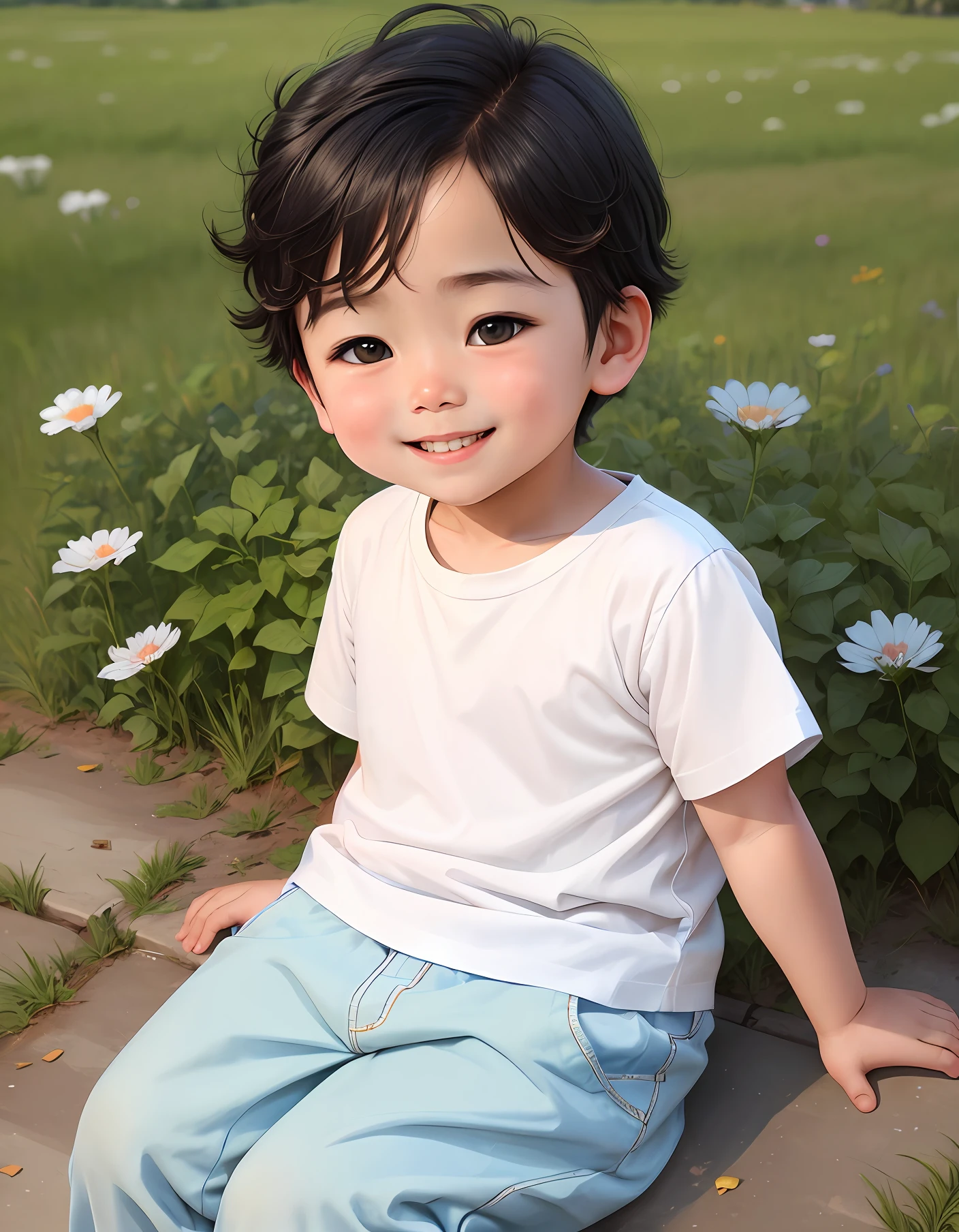 a , rosy chubby cheeks, only 4 teeth in his jaw, smiling brightly, wearing white shirt and blue pant, sitting on a field,