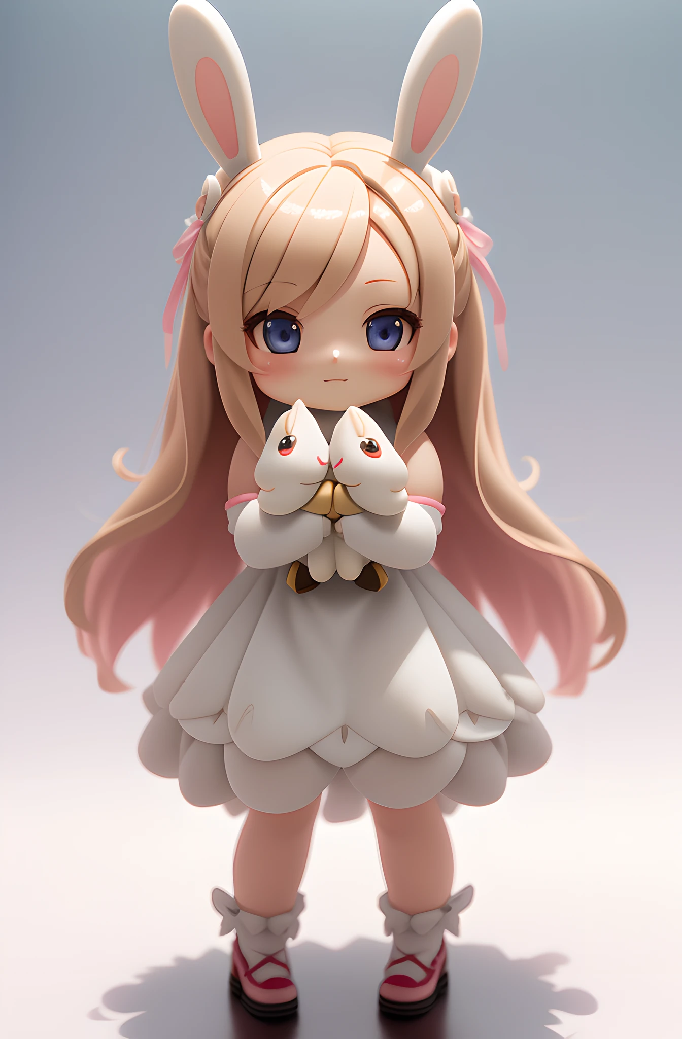 Bunny Morphing Girl, Fluffy, Soft ,((Best Quality)), ((Masterpiece)), ( Extreme Detail, Supreme Detail, Official Art, Beauty and Aesthetics:1.2), Depth of Field, Composition, Full Body 1:2, (Chibi), Clean Background, 3D Clay Rendering, (Beautiful and Detailed Eyes: 1.3), (Very Happy:1)