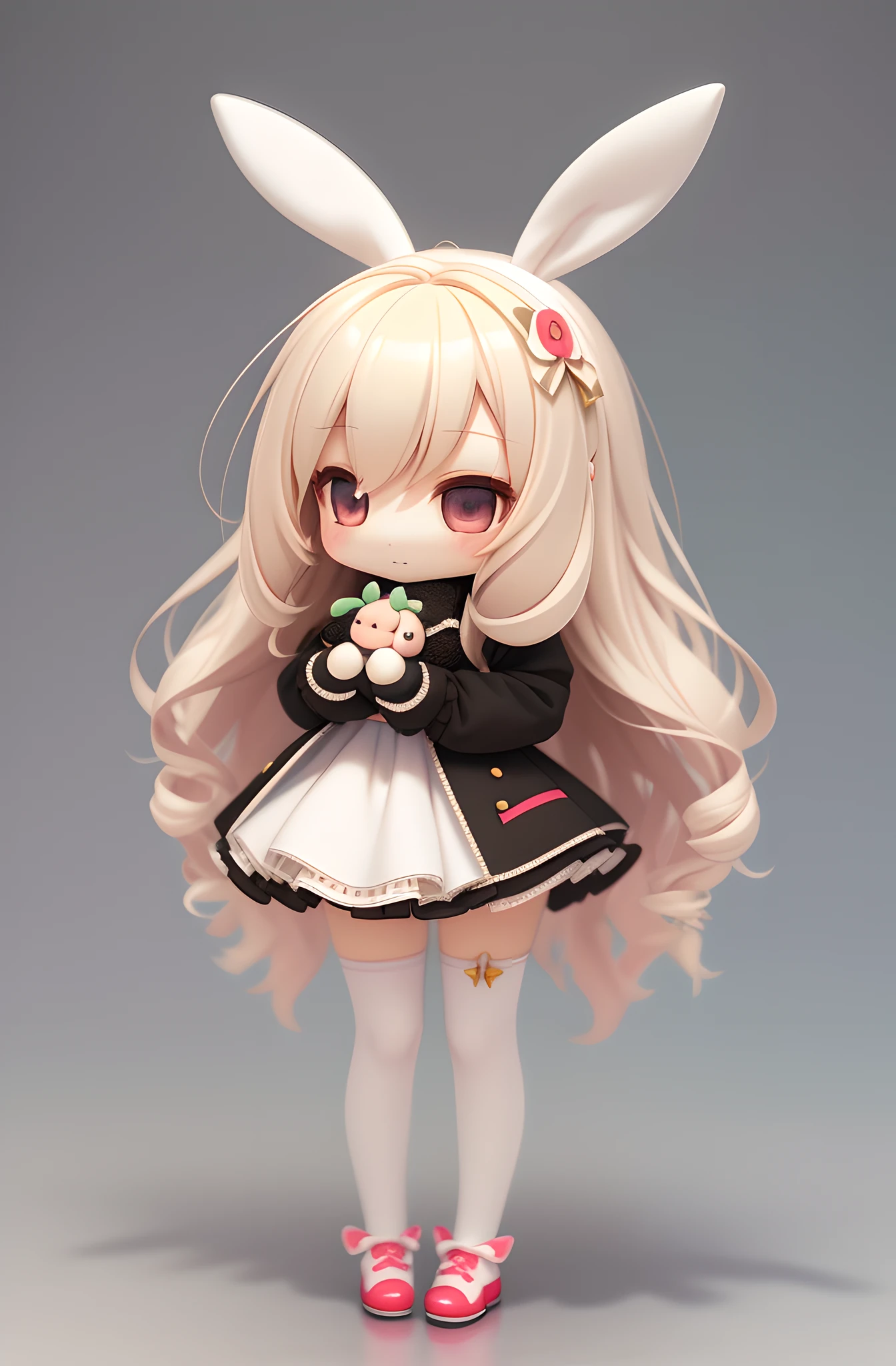 Bunny Morphing Girl, Fluffy, Soft ,((Best Quality)), ((Masterpiece)), ( Extreme Detail, Supreme Detail, Official Art, Beauty and Aesthetics:1.2), Depth of Field, Composition, Full Body 1:2, (Chibi), Clean Background, 3D Clay Rendering, (Beautiful and Detailed Eyes: 1.3), (Very Happy:1)