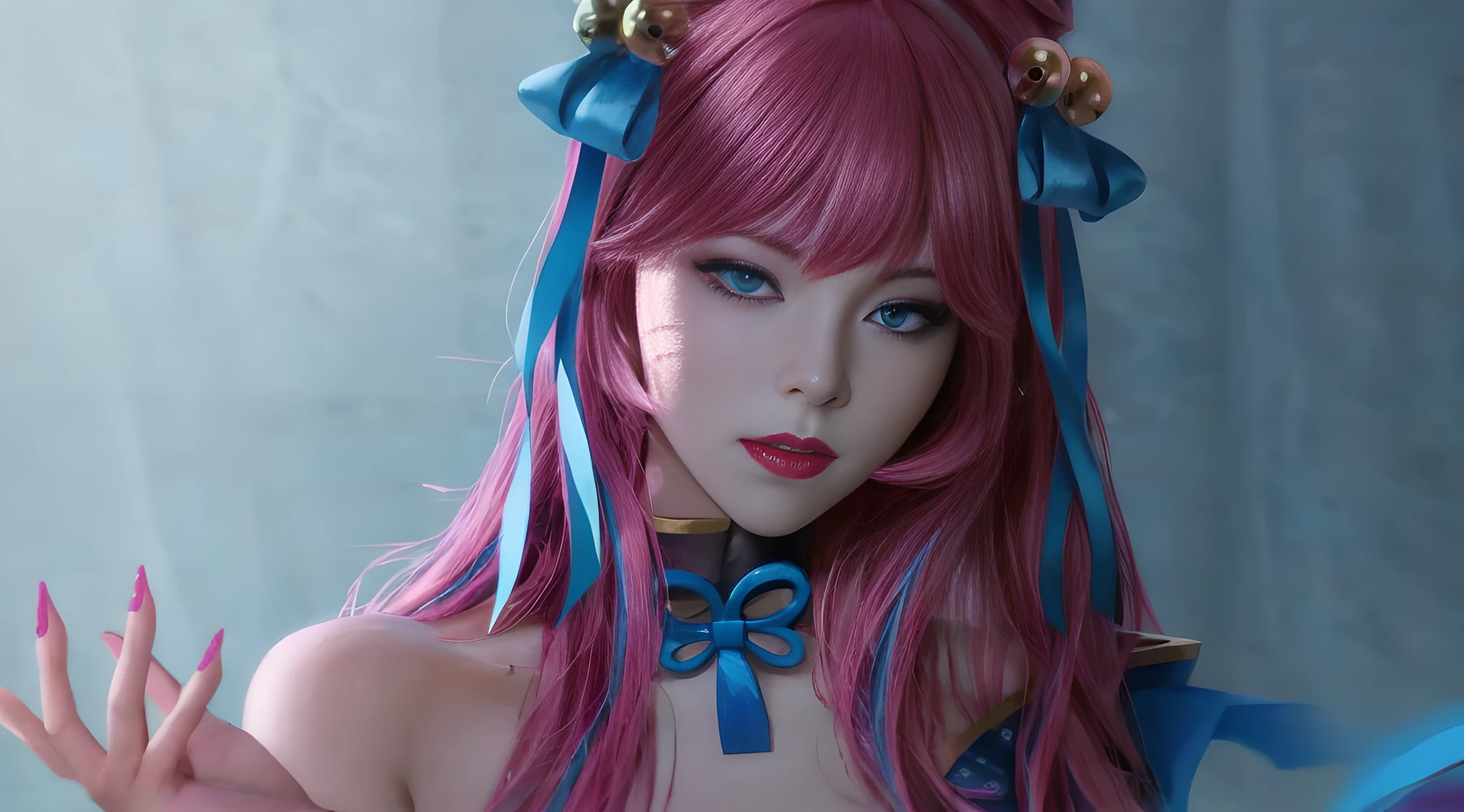 arafed woman with pink hair and blue bow tie posing for a picture, detailed digital anime art, 3 d anime realistic, photorealistic anime girl render, 8k high quality detailed art, hyper realistic anime, digital anime art, gorgeous digital painting, stunning anime face portrait, 2. 5 d cgi anime fantasy artwork, 3d anime girl, realistic anime 3 d style