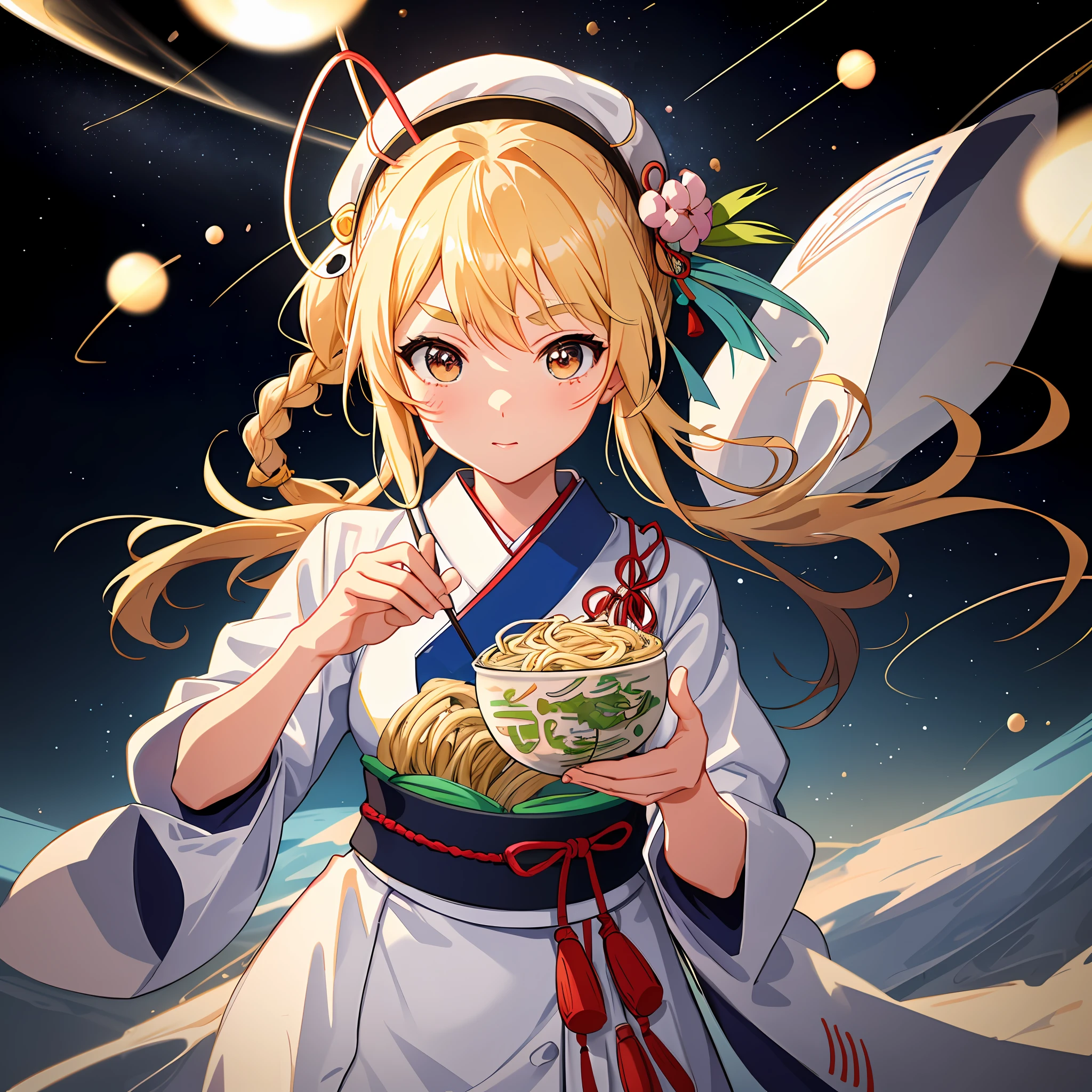 Udon noodles in a bowl, cooking udon noodles, kappo kimono, Japanese chef, rainbow color effect, complex and colorful effect on background, space debris floating, background is outer space, background is mechanical space colony, natural luminescence, small, female brat, thick eyebrows, thin waist, pigtails, beautiful blonde, braid, (masterpiece), ((highest quality)), (super detailed), girl, clean and detailed face, five fingers , textile shading, perfect anatomy,