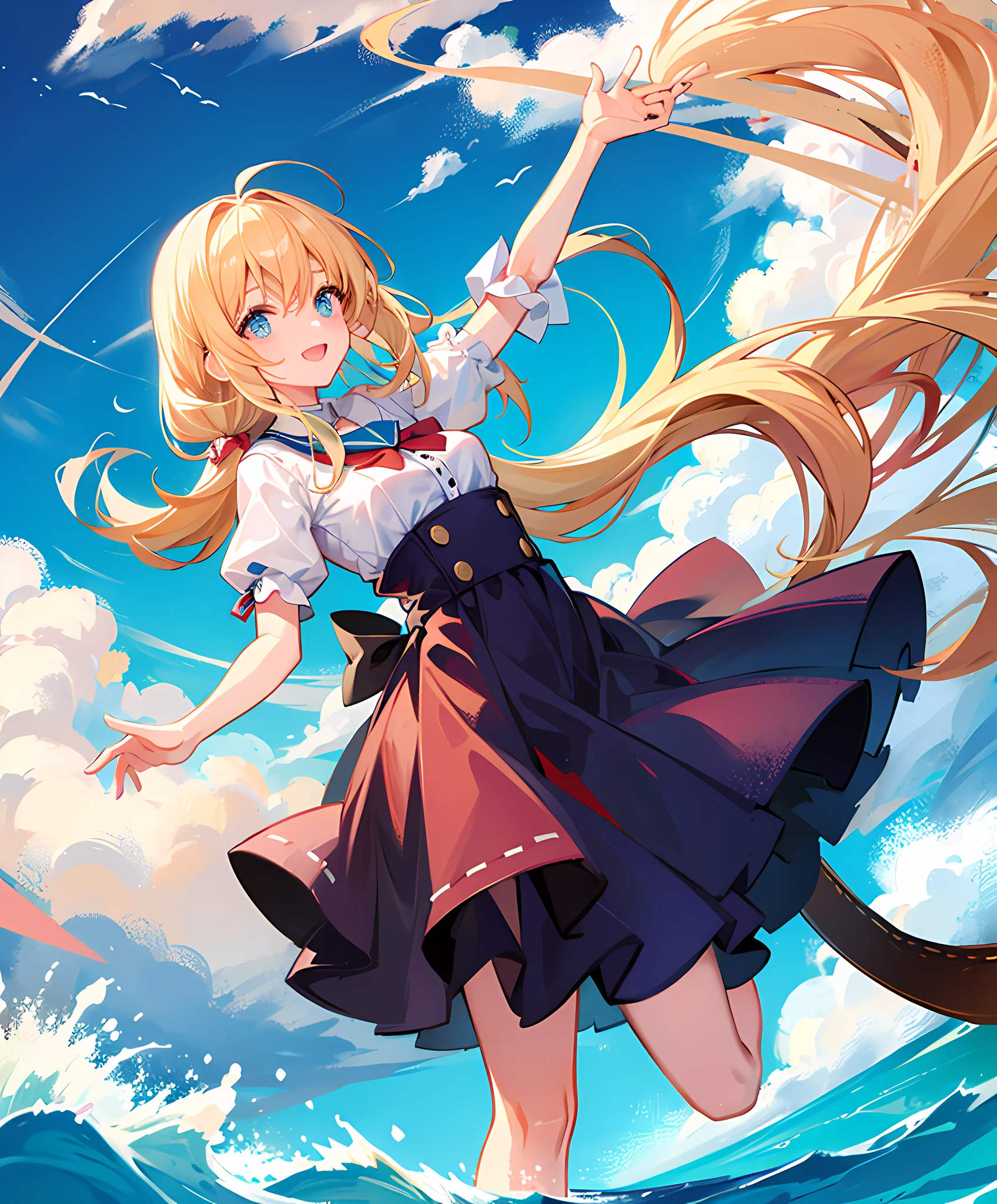 Blonde, long hair, seaside, joyful jump, sky
