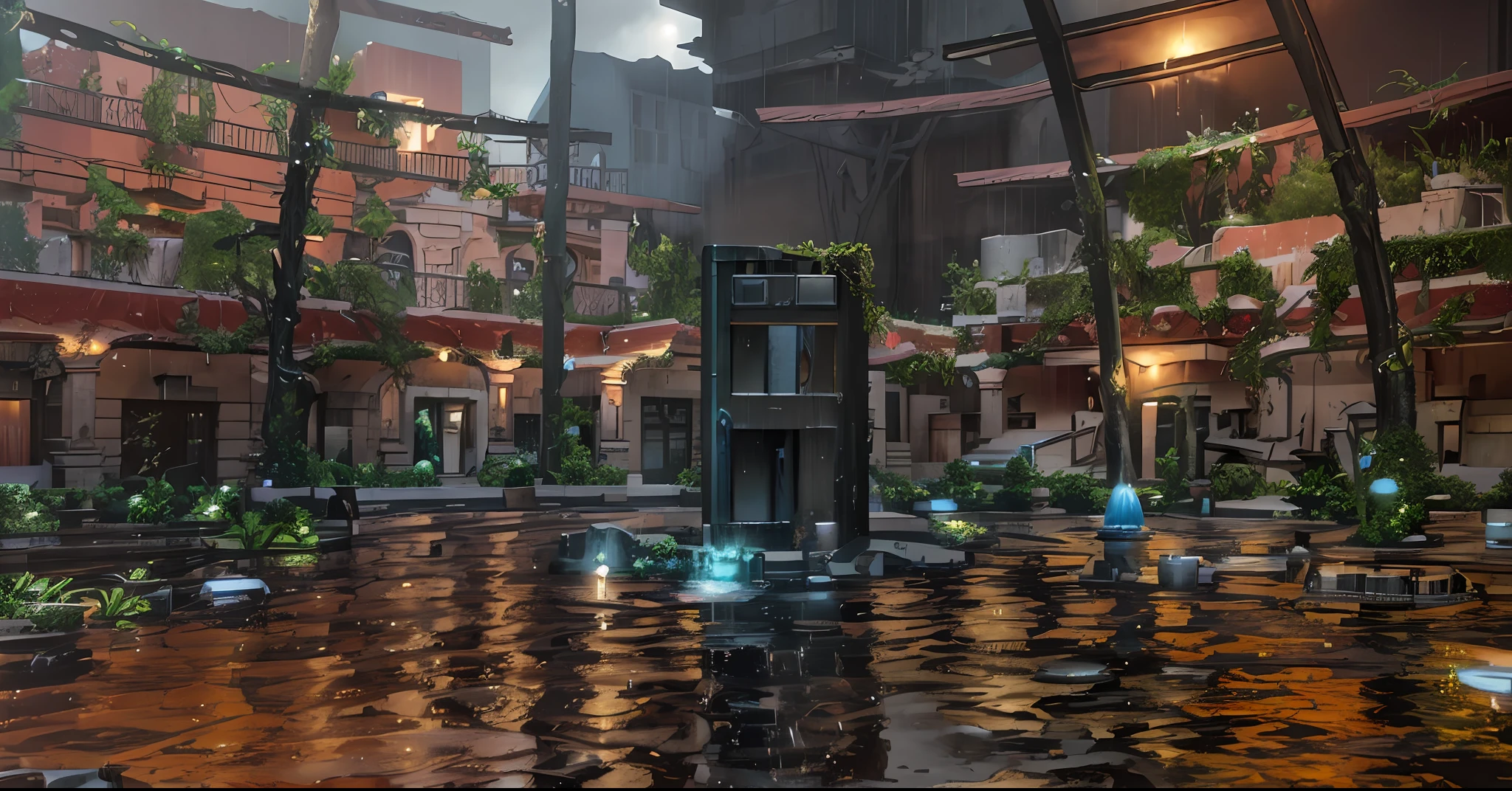 there is a fountain in a courtyard with a building in the background, created in unreal engine 5, flooded city, in the art style of filip hodas, highly detailed surreal vfx, unreal engine. retro film still, summer unreal engine 5, surreal 3 d render, rainy day. game render, hdr render in unreal engine 5, rendered in unreal 5