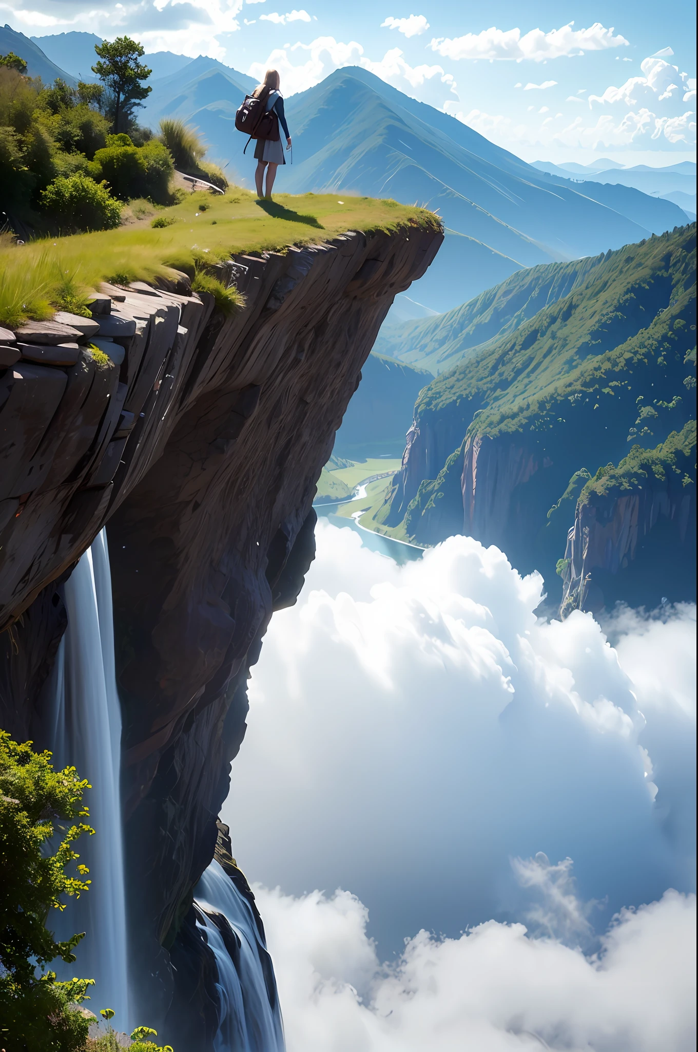 Masterpiece, best quality, high quality, extremely detailed CG unity 8k wallpaper, landscape, outdoor, sky, cloud, sky, no humans, mountain, landscape, water, tree, blue sky, waterfall, cliff, nature, lake, river , cloudy skies, award winning photography, bokeh, depth of field, HDR, bloom, chromatic aberration, photorealism, very detailed, trending on artstation, trending on CGsociety, intricate, high detail, dramatic, midjourney art