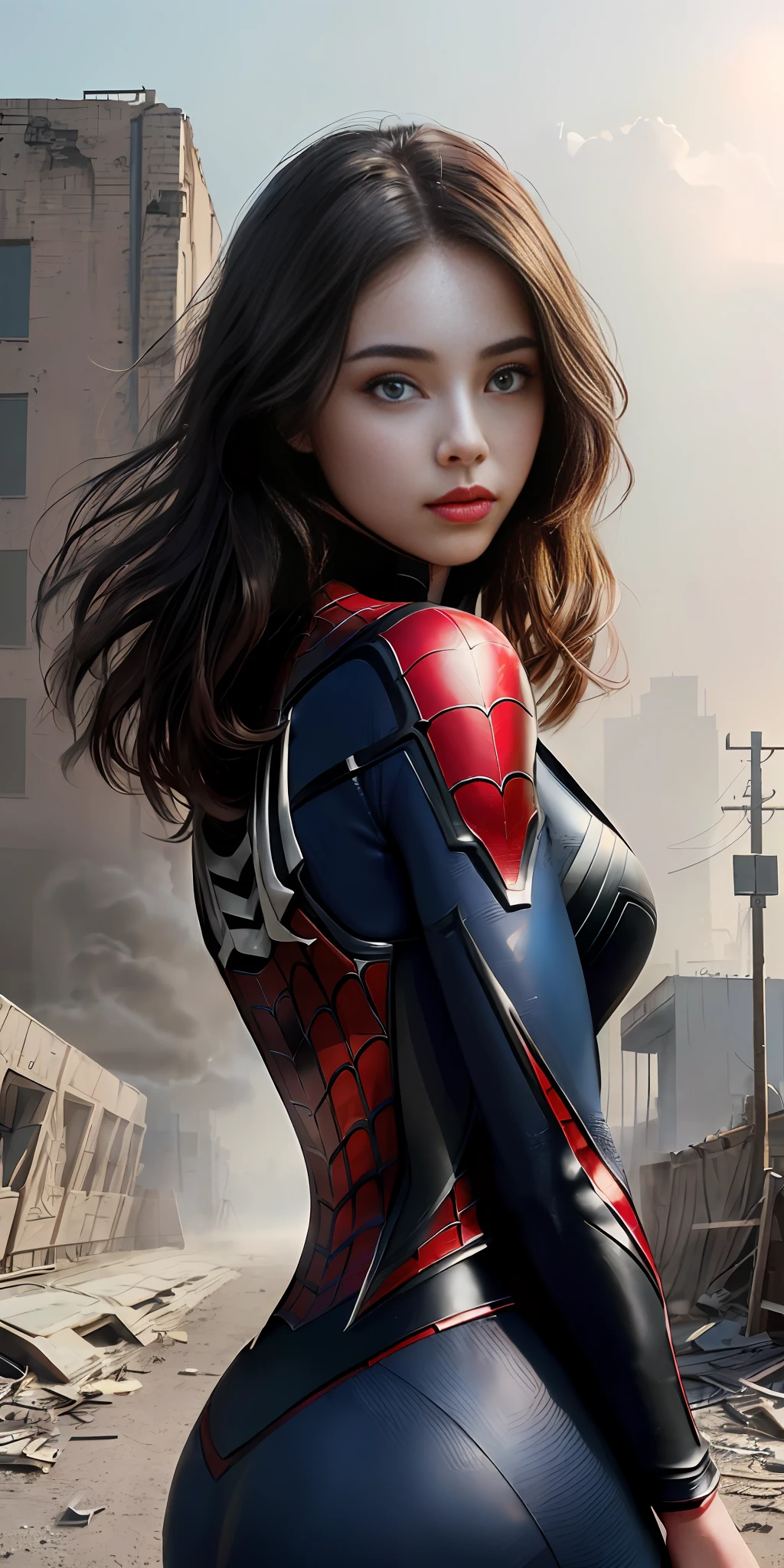 (1girl:1.3), solo, (((extremely detailed face))),(((extremely detailed eyes and face))),beautiful detailed eyes,body-parts__, official art, unified 8k wallpaper, super detailed, beautiful and aesthetic, beautiful, masterpiece, best quality, raw, masterpiece, super fine photo, best quality, super high resolution, photorealistic realism, sunlight, full body portrait, amazing beauty,, dynamic pose, delicate face, vibrant eyes, (from the front), she is wearing a Spider-man suit, red and black color scheme, spider, very detailed abandoned warehouse background, Detailed face, detailed complex busy background, messy, gorgeous, milky white, highly detailed skin, realistic skin details, visible pores, sharp focus, volumetric fog, 8k uhd, DSLR, high quality, film grain, fair skin, photo realism, lomography, huge metropolis in future dystopia, seen from below, translucent