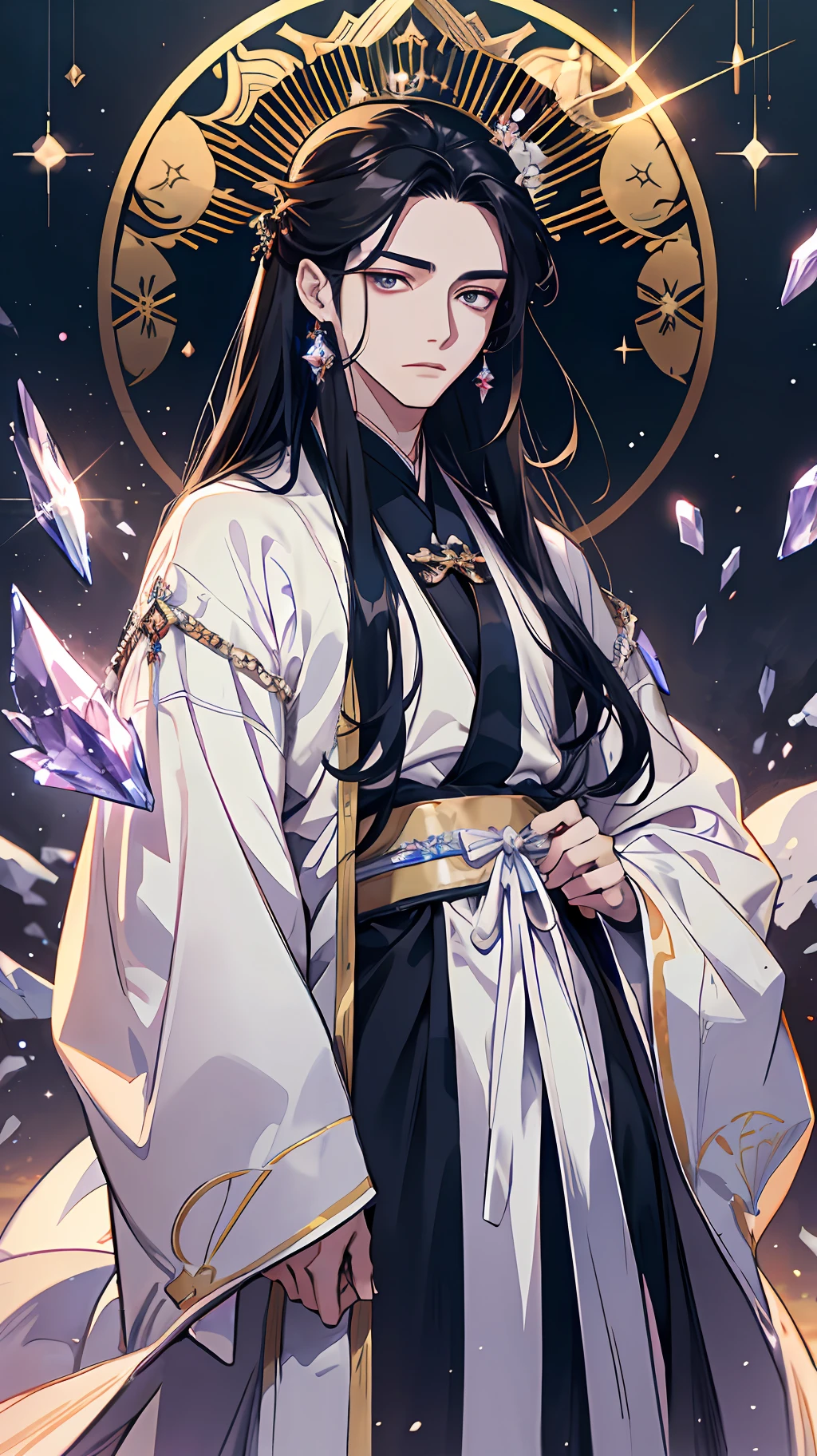 Hanfu, long hair, dramatic composition, extreme details, young men, delicate facial features, opal-like eyes, crystal, glass, sparkle, shiny crystal, diamonds, crystal fragments, wide robes and big sleeves, look at the camera,