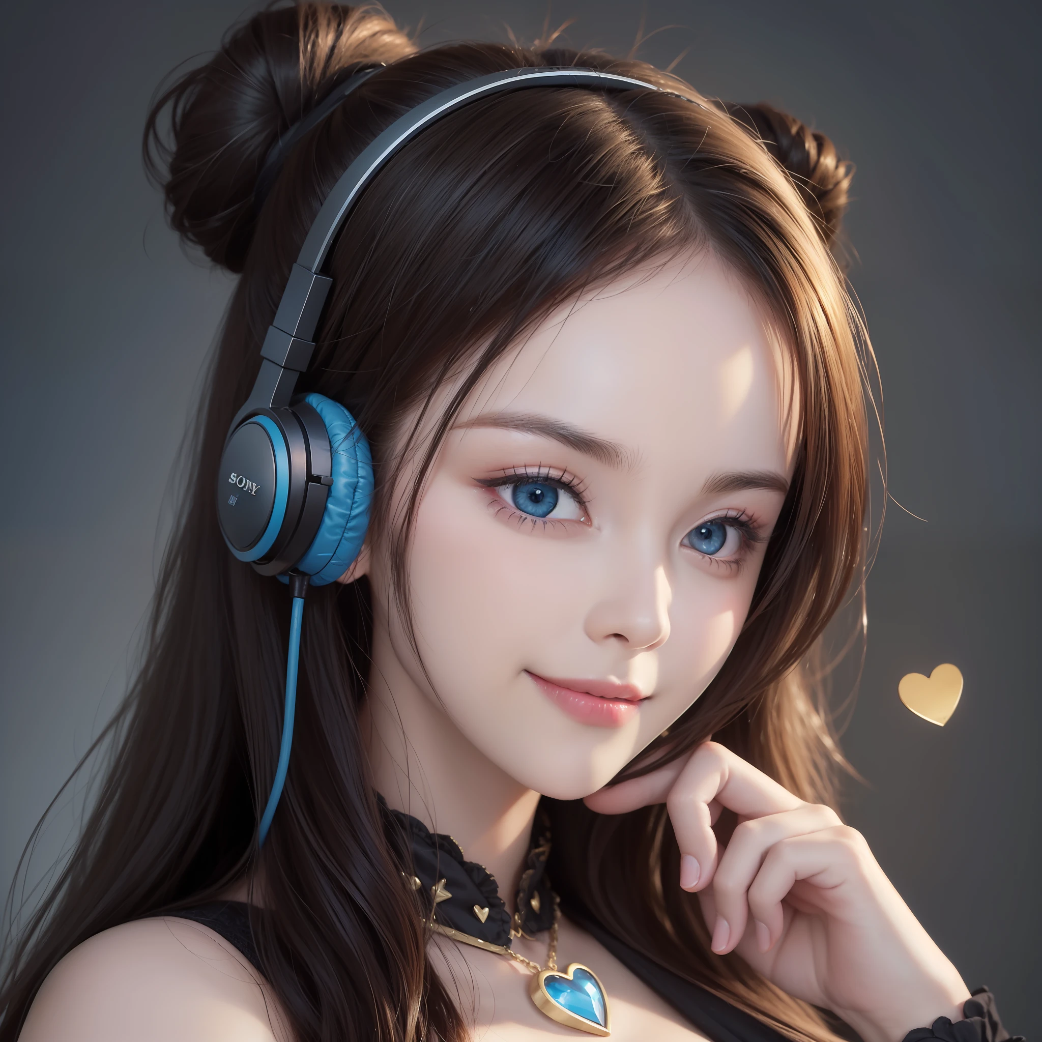 (masterpiece), rich detail, (gothic style:1.2), strong stereoscopic, strong chiaroscuro, large aperture lens shooting, (girl with long dark hair, hair bun, heart-shaped pupils, water-blue eyes, smiling lightly: 1.3), wearing plug-in headphones, (accessories: 1.1) (sony FE GM camera: 1.2), (highest-quality UHD: 1.3), excellent quality, classic.