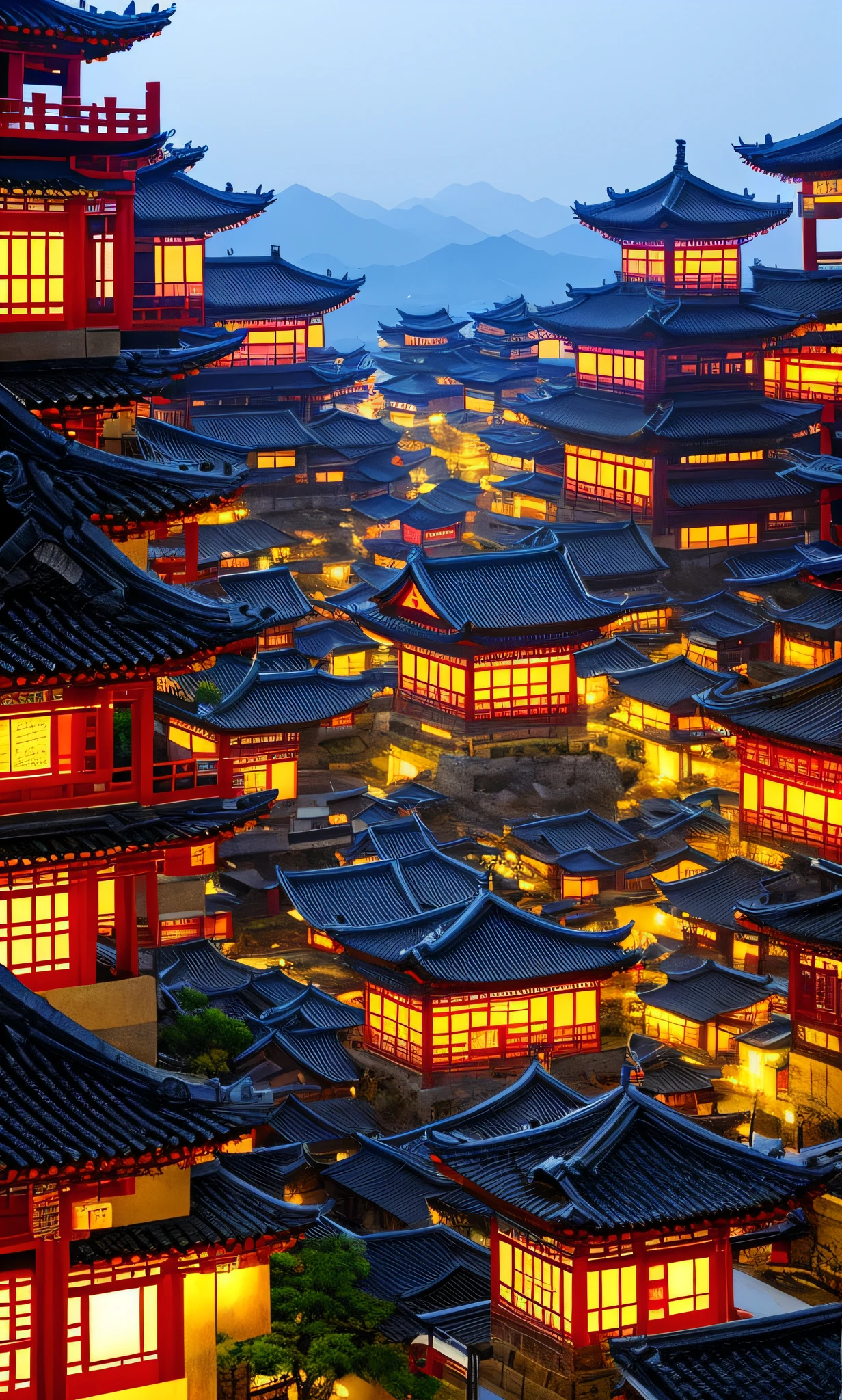 arafed view of a chinese village at night with a lot of lights, dreamy chinese town, ancient chinese architecture, cyberpunk chinese ancient castle, chinese architecture, japanese town, japanese city, chinese village, beautiful render of tang dynasty, japanese city at night, ancient japanese architecture, like jiufen, chinese style, andreas rocha style, japanese village