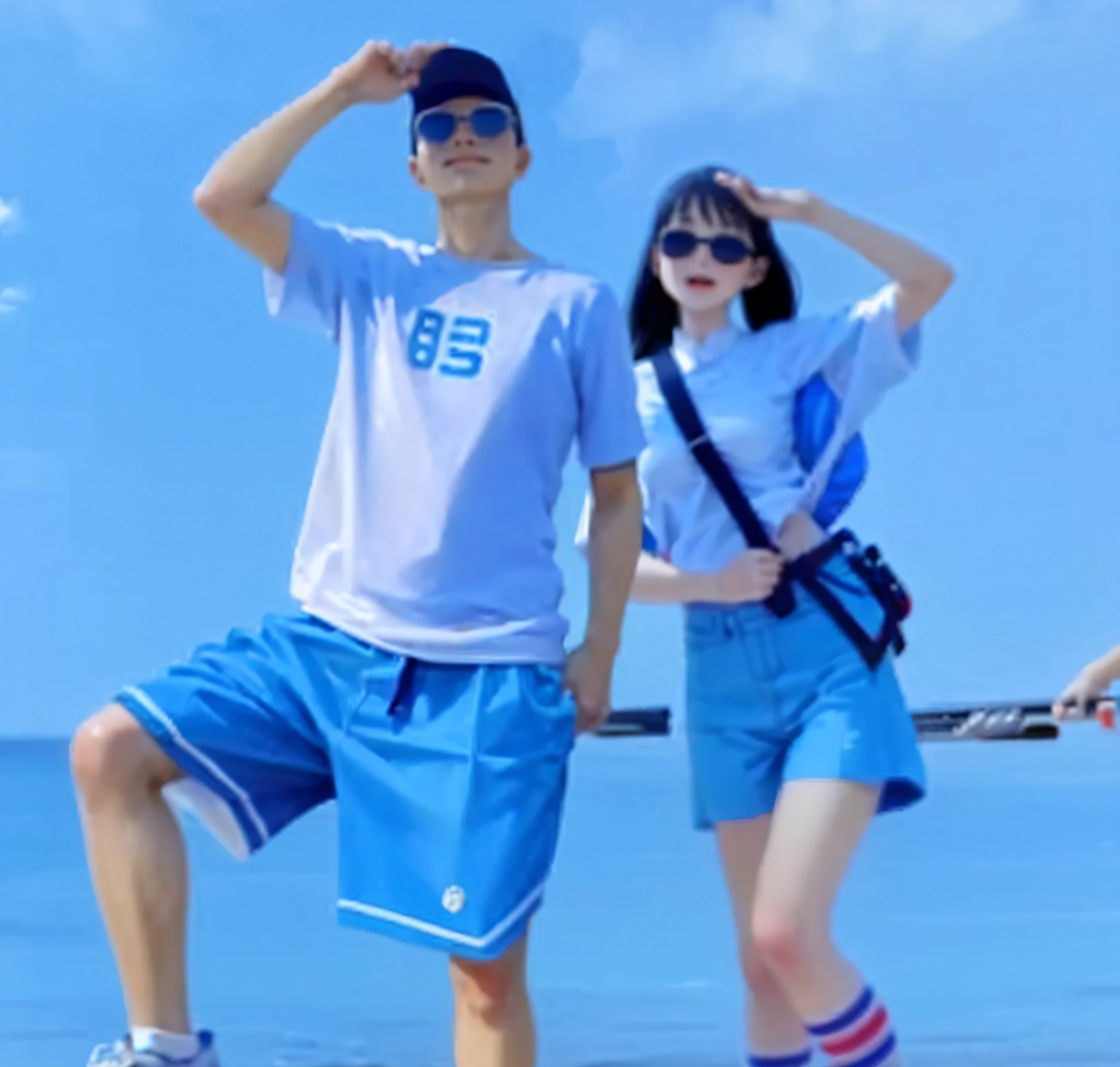 Outdoor shooting, masterpiece-level picture quality, highest resolution, extremely fine details, lake blue casual summer wear, Chinese couple's unique shape, beach vacation, daytime shooting, lake blue clothing highlights a casual attitude, the sky is still unfinished, profile photo level performance, 2022 fashion photography, lake blue vividly interprets the holiday mood.