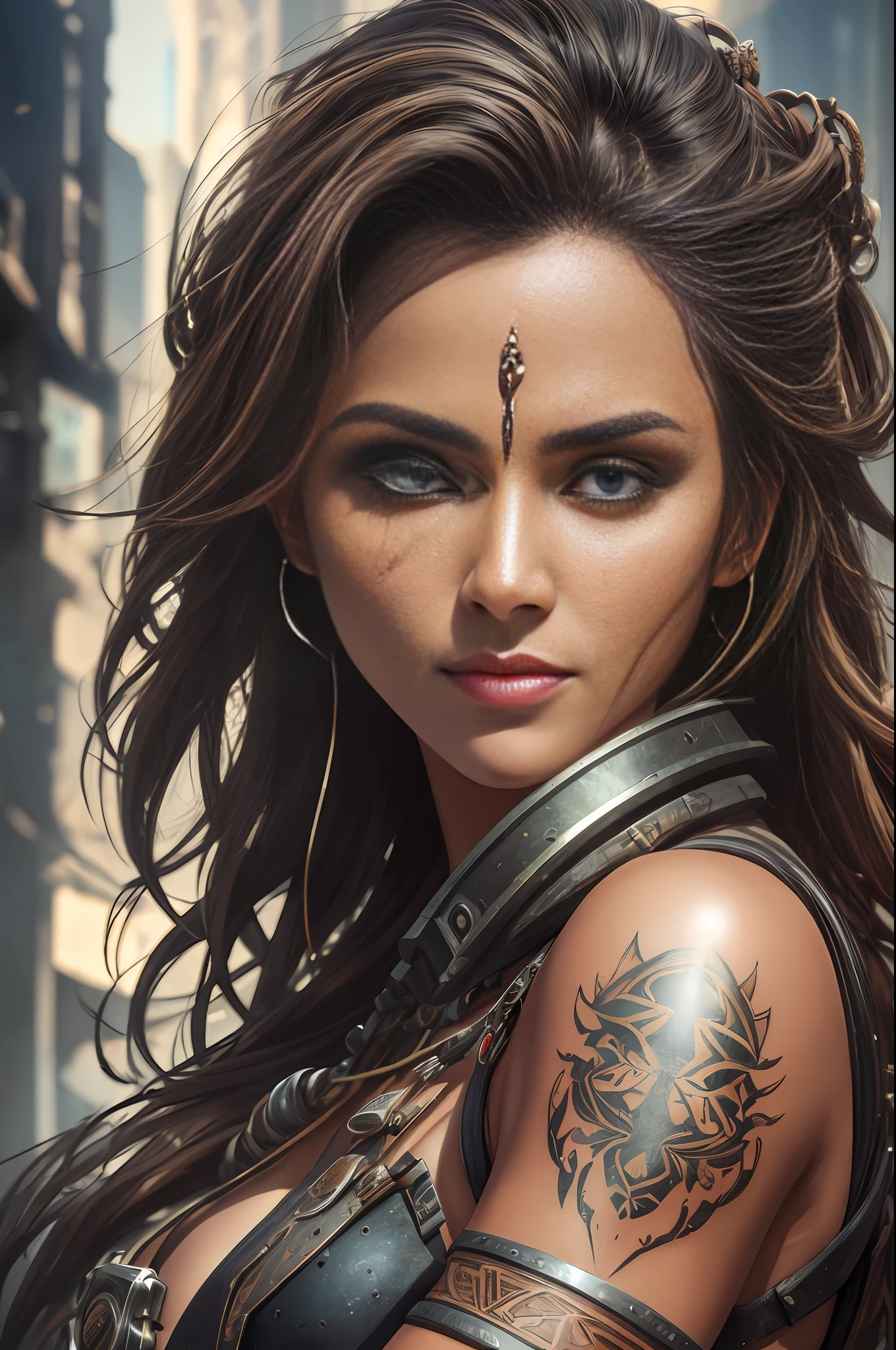 a hyper realistic ultra detailed photograph of a futuristic beautiful barbarian woman wearing sunglasses at a dystopian city, tattered outfit with rusty metal , long wild hair, tattooed hands and body, fashion pose, detailed symmetric beautiful hazel eyes, detailed gorgeous face, apocalyptic environment, exquisite detail, 30-megapixel, 4k, Canon EOS 6D Mark IV DSLR, 55mm lens, sharp focus, intricately detailed, long exposure time, f/8, ISO 100, shutter speed 1/125, diffuse back lighting, award winning photograph, facing camera, looking into camera, monovisions, perfect contrast, High sharpness, facial symmetry, depth of field, ultra-detailed photography, raytraced, global illumination, TanvirTamim, smooth, ultra high definition, 8k, unreal engine 10, ultra sharp focus, award-winning photograph, trending on artstation