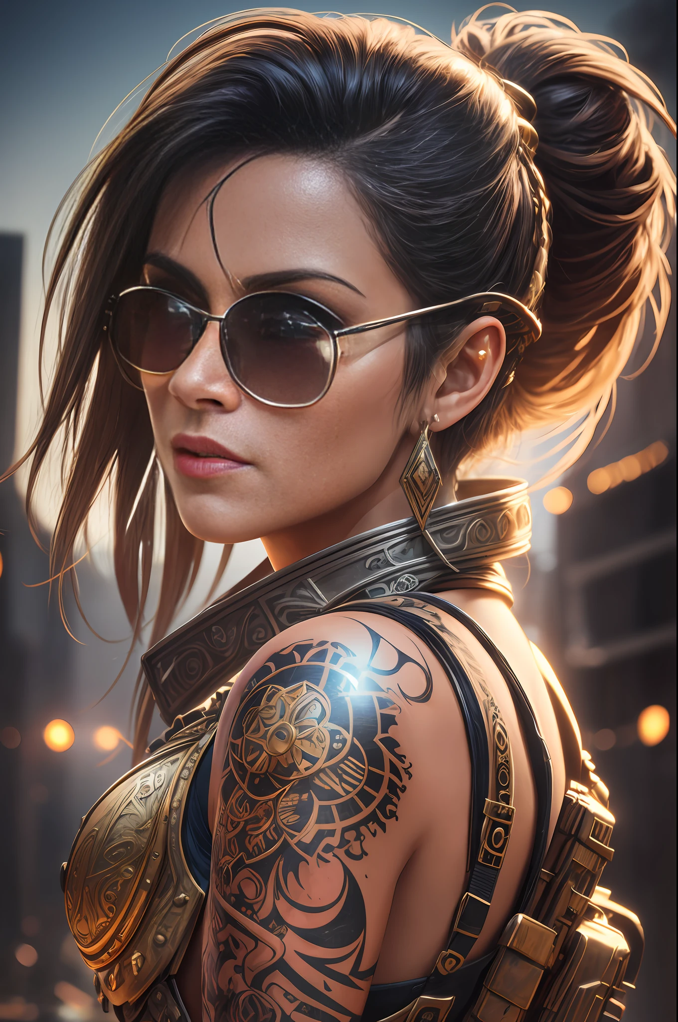 a hyper realistic ultra detailed photograph of a futuristic beautiful barbarian woman wearing sunglasses at a dystopian city, tattered outfit with rusty metal , long wild hair, tattooed hands and body, fashion pose, detailed symmetric beautiful hazel eyes, detailed gorgeous face, apocalyptic environment, exquisite detail, 30-megapixel, 4k, Canon EOS 6D Mark IV DSLR, 55mm lens, sharp focus, intricately detailed, long exposure time, f/8, ISO 100, shutter speed 1/125, diffuse back lighting, award winning photograph, facing camera, looking into camera, monovisions, perfect contrast, High sharpness, facial symmetry, depth of field, ultra-detailed photography, raytraced, global illumination, TanvirTamim, smooth, ultra high definition, 8k, unreal engine 10, ultra sharp focus, award-winning photograph, trending on artstation