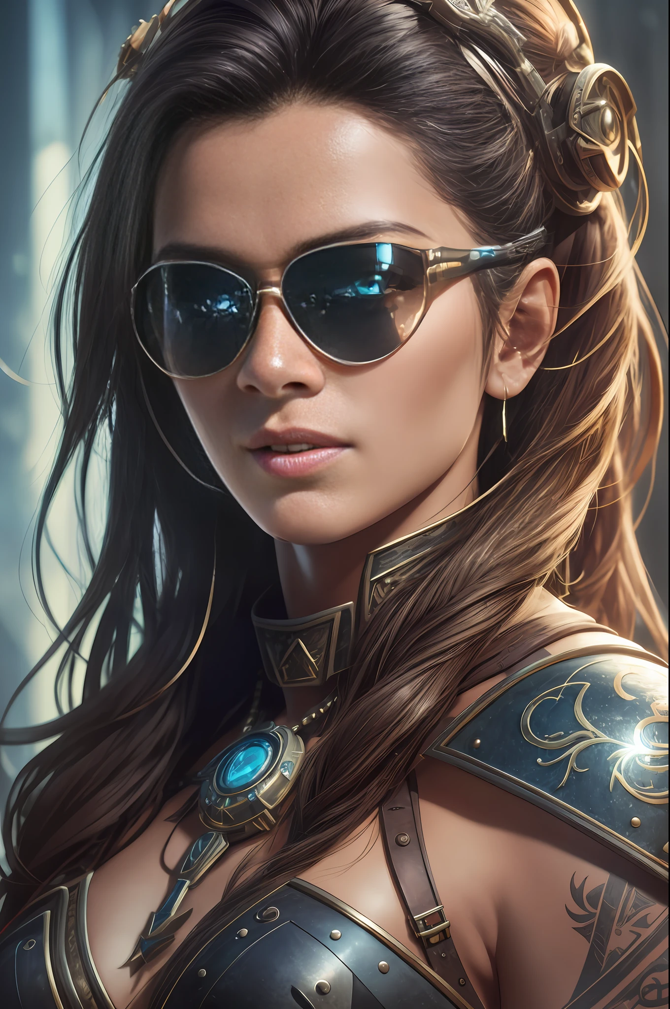a hyper realistic ultra detailed photograph of a futuristic beautiful barbarian woman wearing sunglasses at a dystopian city, tattered outfit with rusty metal , long wild hair, tattooed hands and body, fashion pose, detailed symmetric beautiful hazel eyes, detailed gorgeous face, apocalyptic environment, exquisite detail, 30-megapixel, 4k, Canon EOS 6D Mark IV DSLR, 55mm lens, sharp focus, intricately detailed, long exposure time, f/8, ISO 100, shutter speed 1/125, diffuse back lighting, award winning photograph, facing camera, looking into camera, monovisions, perfect contrast, High sharpness, facial symmetry, depth of field, ultra-detailed photography, raytraced, global illumination, TanvirTamim, smooth, ultra high definition, 8k, unreal engine 10, ultra sharp focus, award-winning photograph, trending on artstation