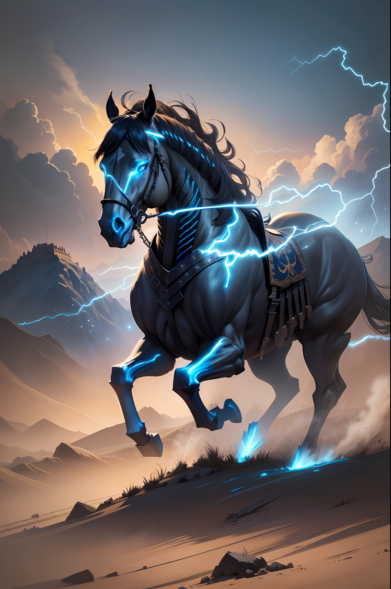 War horse skeleton, emitting blue and black lightning light effect particles, on the ancient battlefield, the border of the Qin State as the background, full body, ultra-wide angle, clear HD, 8K resolution, digital painting, concept art, Xinhai Makoto style, POP trend, Pixiv hot trend.