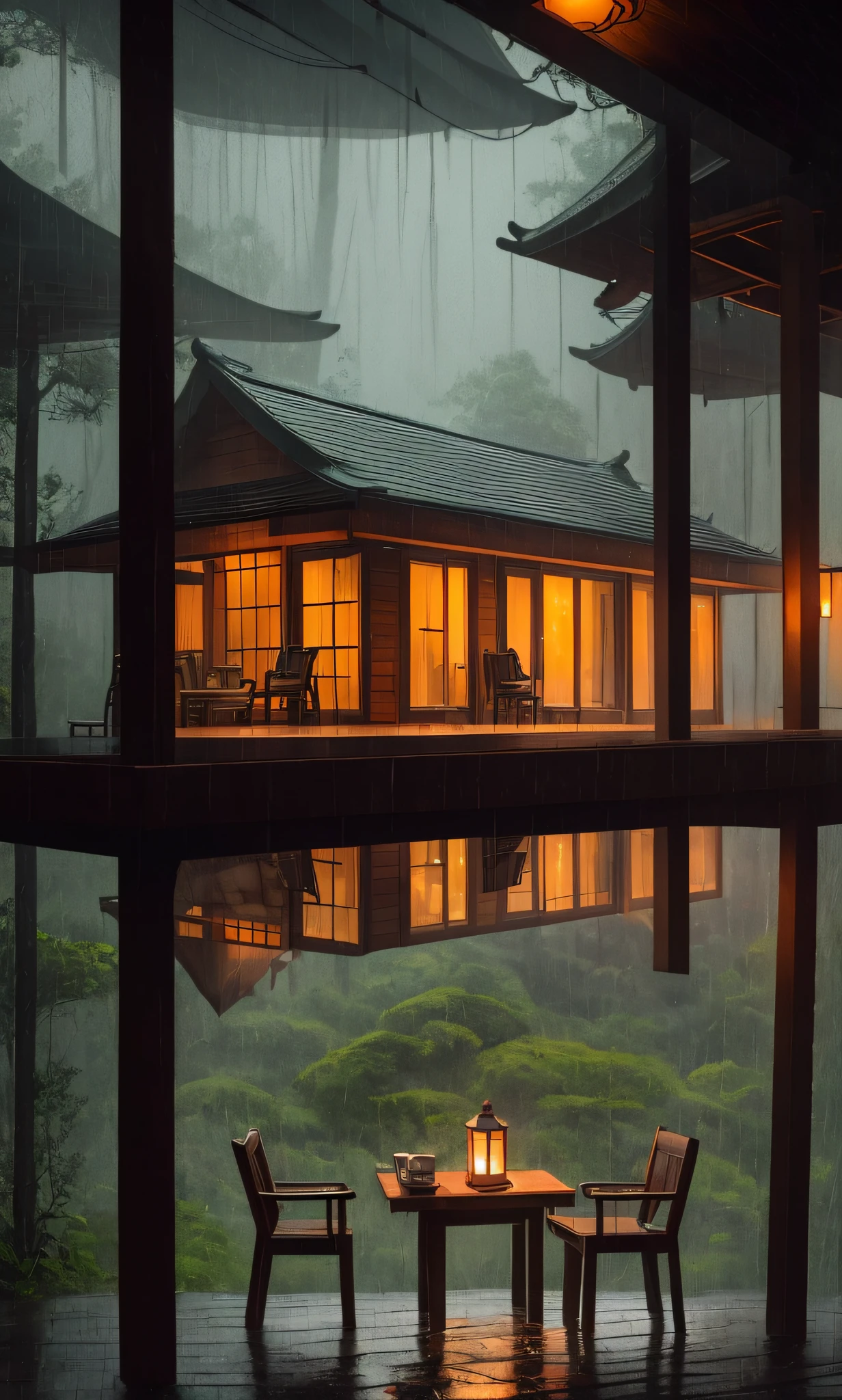 there is a small wooden house with a table and chairs in the rain, rainy day outside, magical environment, quiet and serene atmosphere, in a rainy environment, rainy outside, rainy afternoon, inside on a rainy day, rainy scene, by Raymond Han, rainy atmosphere, rainy environment, rainy mood, rainy and gloomy atmosphere, rainy evening, atmospheric fantasy setting