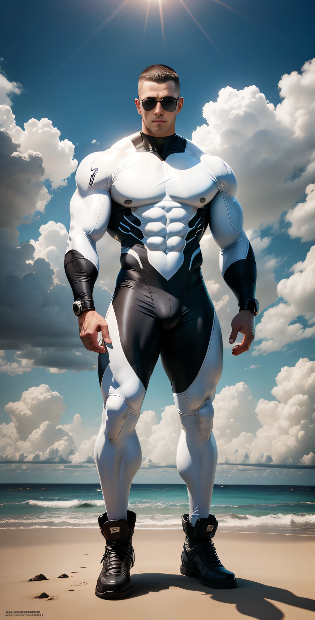 Allad man in white and black clothes standing on the sunny seashore, American round head, Buzz Cut, tall and burly, muscular male hero, heroic male pose, muscular! Wearing black sunglasses, spandex tight high elastic bodysuit, super buff and cool, high resolution committee, character design police, black military boots, charismatic strong male with spandex tight high elastic bodysuit, weaving hot sun shining on the body