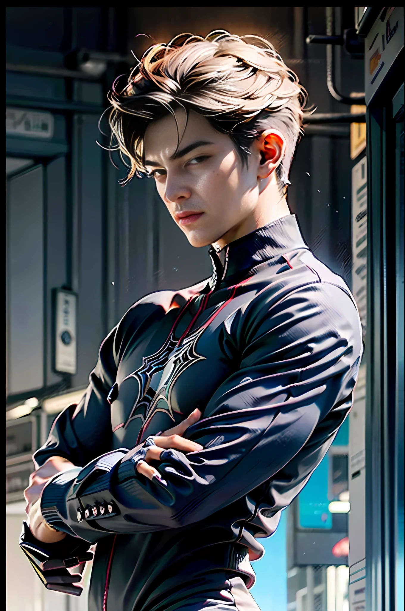 RAW,1boy, (A charming 18-year-old Chinese boy: 1.5), (no mask, face: 2), handsome, Spider-Man classic pose, shooting spider silk, masterpiece, super fine photo, best quality, super high resolution, photorealistic realism, sunny handsome, full body portrait, delicate face, vibrant eyes, (viewed from the side), he is wearing a futuristic steel man Spider-Man costume, very detailed background, detailed face, detailed complex busy background, highly detailed skin, realistic skin details, visible pores, sharp focus, volumetric fog, 8k UHD, DSLR, high quality, film grain, photo realism, wheat-colored skin, (lower body bulge: 1.5)