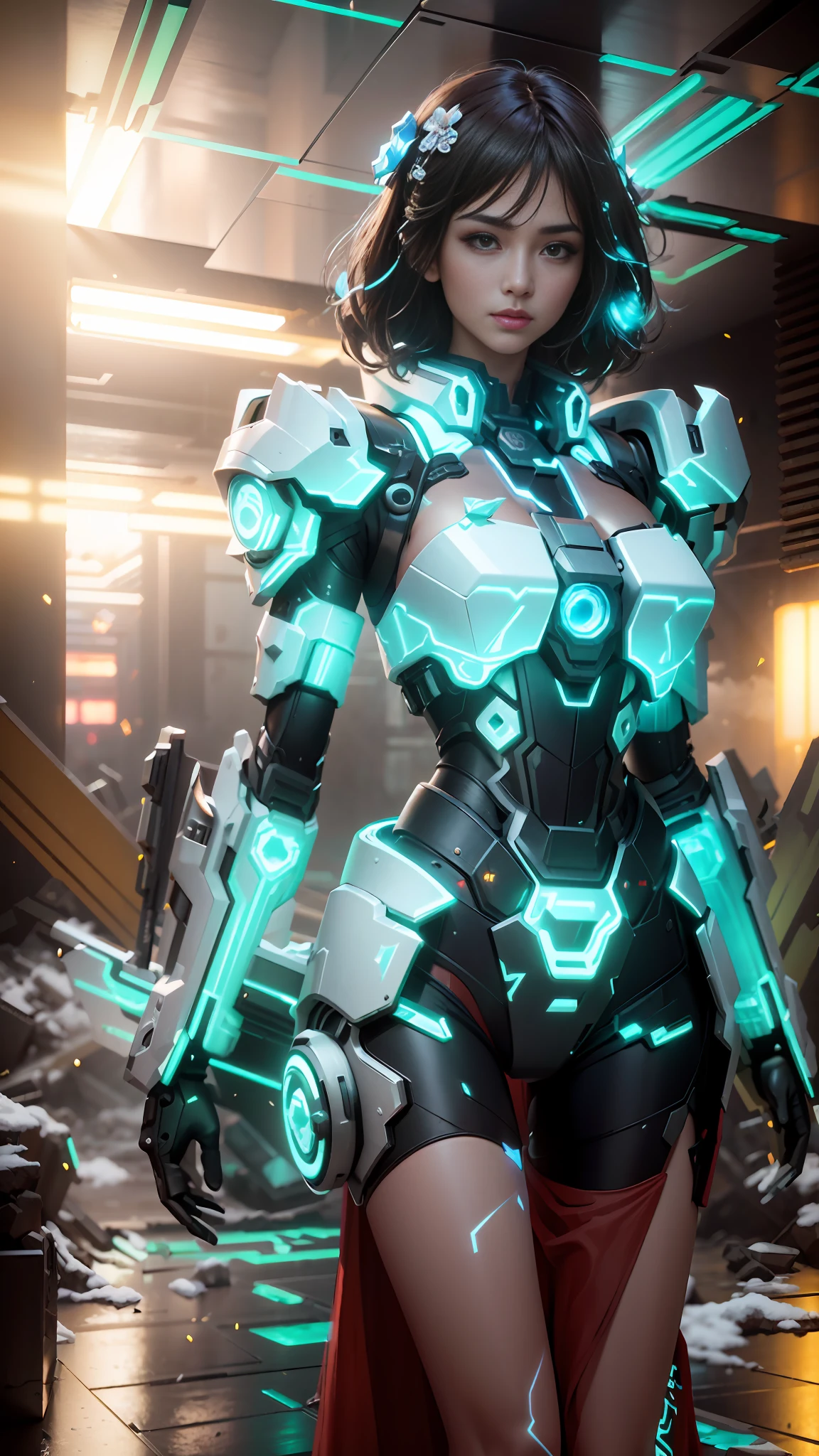 ((Best quality)), ((masterpiece)), (highly detailed:1.3), 3D,Shitu-mecha, beautiful cyberpunk women with her mecha in the ruins of city from a forgoten war, ancient technology,HDR (High Dynamic Range),Ray Tracing,NVIDIA RTX,Super-Resolution,Unreal 5,Subsurface scattering,PBR Texturing,Post-processing,Anisotropic Filtering,Depth-of-field,Maximum clarity and sharpness,Multi-layered textures,Albedo and Specular maps,Surface shading,Accurate simulation of light-material interaction,Perfect proportions,Octane Render,Two-tone lighting,Low ISO,White balance,Rule of thirds,Wide aperature,8K RAW,Efficient Sub-Pixel,sub-pixel convolution,luminescent particles,light scattering,Tyndall effect