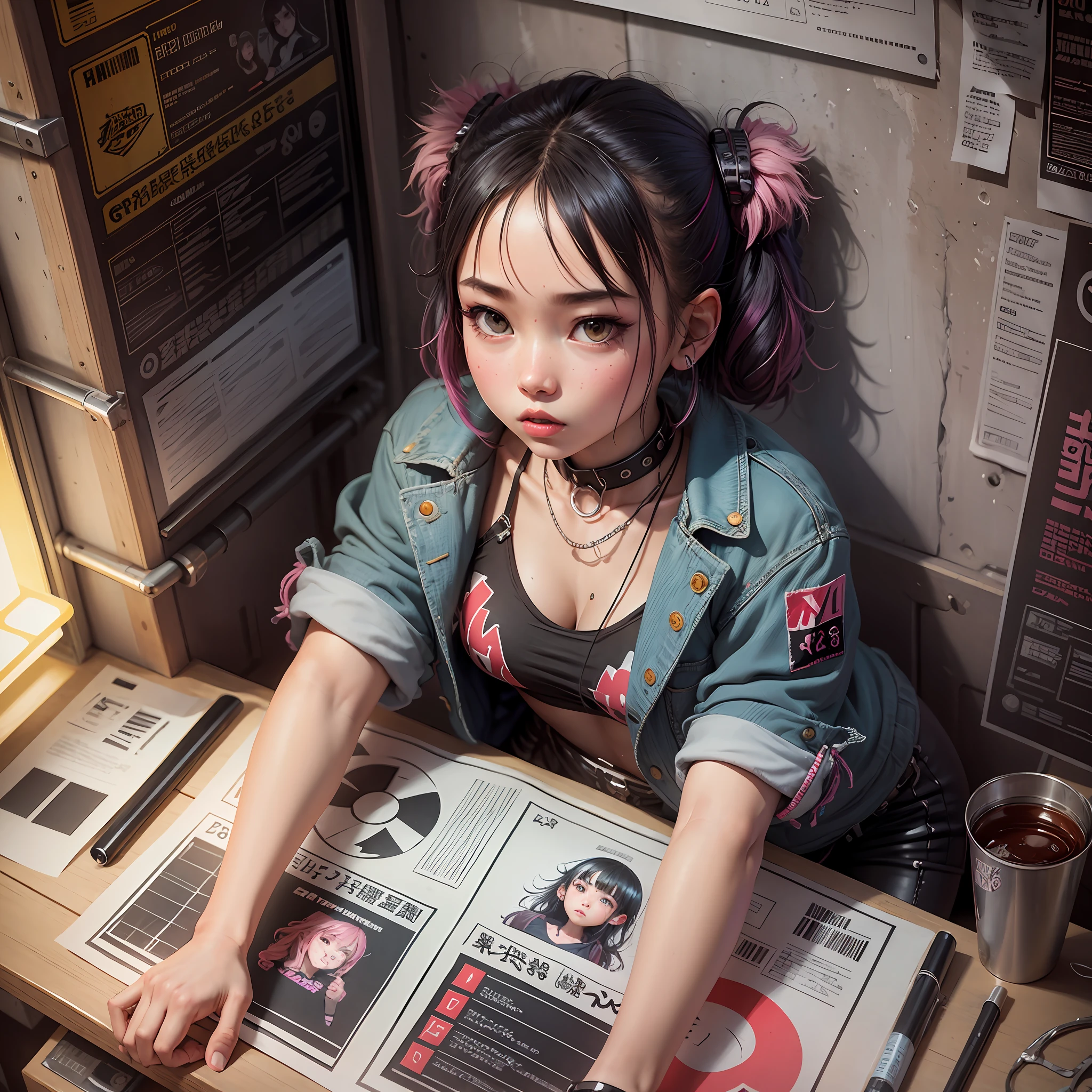y2k, alternative fashion, 1girl, yabi, illustration, poster, idol, crouch, look from above --auto --s2