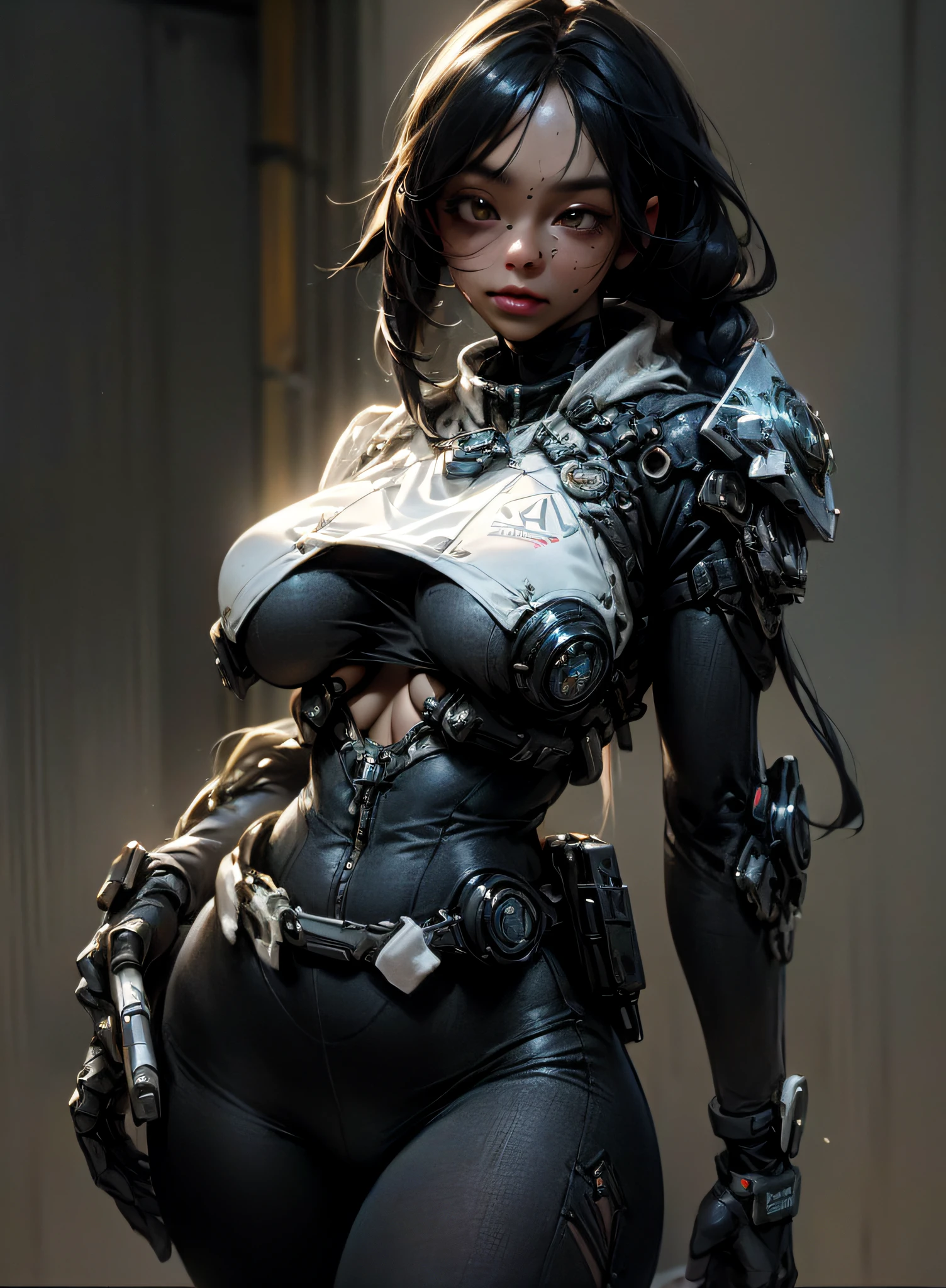 ((Best quality)), ((masterpiece)), (detailed:1.4), ((big boobs:1.6)), an image of a beautiful cyberpunk black female with braids on head,HDR (High Dynamic Range),Ray Tracing,NVIDIA RTX,Super-Resolution,Unreal 5,Subsurface scattering,PBR Texturing,Post-processing,Anisotropic Filtering,Depth-of-field,Maximum clarity and sharpness,Multi-layered textures,Albedo and Specular maps,Surface shading,Accurate simulation of light-material interaction,Perfect proportions,Octane Render,Two-tone lighting,Wide aperture,Low ISO,White balance,Rule of thirds,8K RAW, anime - style woman in a white and black outfit with a gun, cyborg merchant girl,