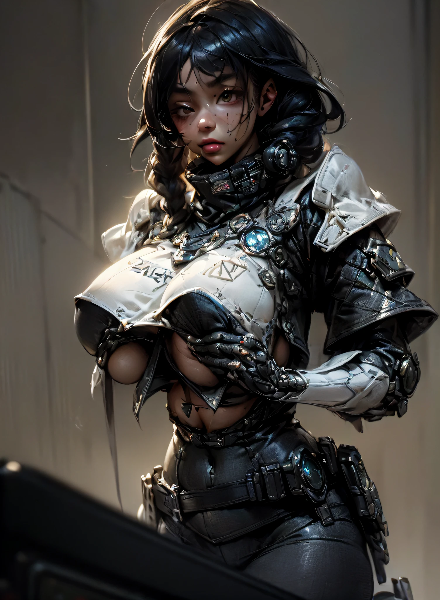 ((Best quality)), ((masterpiece)), (detailed:1.4), ((big boobs:2.1)), an image of a beautiful cyberpunk black female with braids on head,HDR (High Dynamic Range),Ray Tracing,NVIDIA RTX,Super-Resolution,Unreal 5,Subsurface scattering,PBR Texturing,Post-processing,Anisotropic Filtering,Depth-of-field,Maximum clarity and sharpness,Multi-layered textures,Albedo and Specular maps,Surface shading,Accurate simulation of light-material interaction,Perfect proportions,Octane Render,Two-tone lighting,Wide aperture,Low ISO,White balance,Rule of thirds,8K RAW, anime - style woman in a white and black outfit with a gun, cyborg merchant girl,