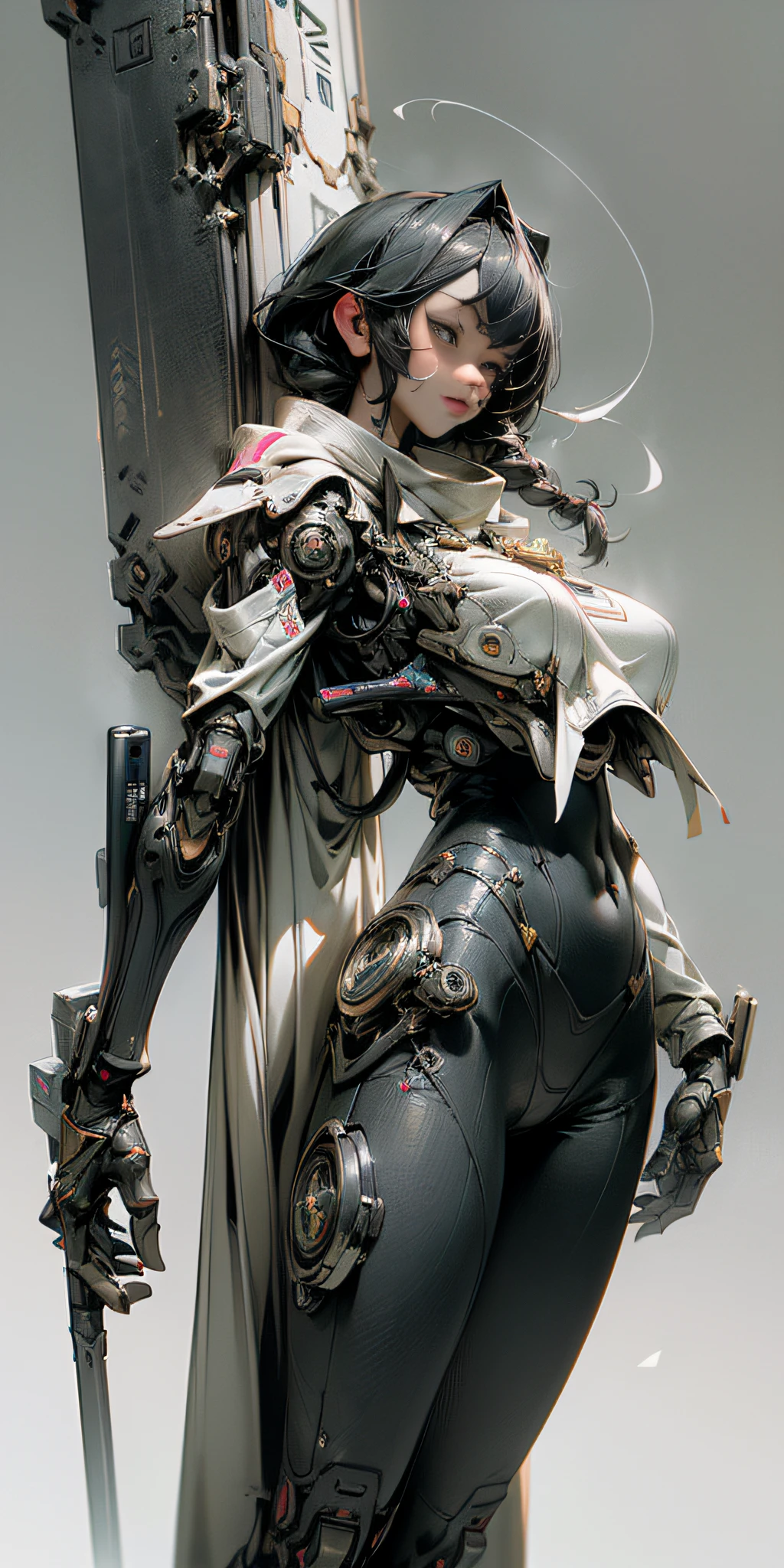 ((Best quality)), ((masterpiece)), (detailed:1.4), sfw(Ultra Quality,Unparalleled Masterpiece,Ethereal:1.4)(Gigantic Breasts:1.6)(breasts squeeze: 1.3)(bimbo 1.5)(Disproportional Tits: 1.5, an image of a beautiful cyberpunk black female with braids on head,HDR (High Dynamic Range),Ray Tracing,NVIDIA RTX,Super-Resolution,Unreal 5,Subsurface scattering,PBR Texturing,Post-processing,Anisotropic Filtering,Depth-of-field,Maximum clarity and sharpness,Multi-layered textures,Albedo and Specular maps,Surface shading,Accurate simulation of light-material interaction,Perfect proportions,Octane Render,Two-tone lighting,Wide aperture,Low ISO,White balance,Rule of thirds,8K RAW, anime - style woman in a white and black outfit with a gun, cyborg merchant girl,