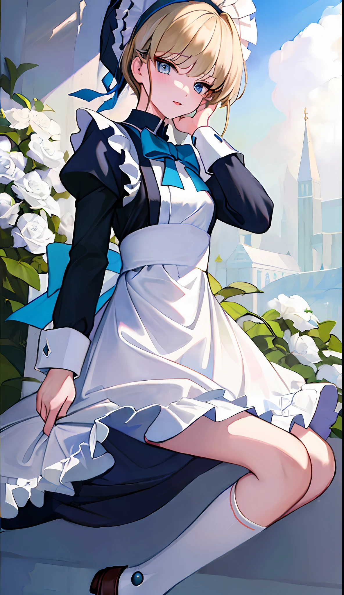 18-year-old beautiful girl, ((((Masterpiece)))), (((Best quality)))), (((Very detailed))), detailed fingers, Precise fingers, Non-unnatural hands, Illustration, 1 girl, Solo, Knotted blonde, Blue eyes, Long sleeved maid outfit, White high socks, Black shoes, TOKI, Dynamic pose,