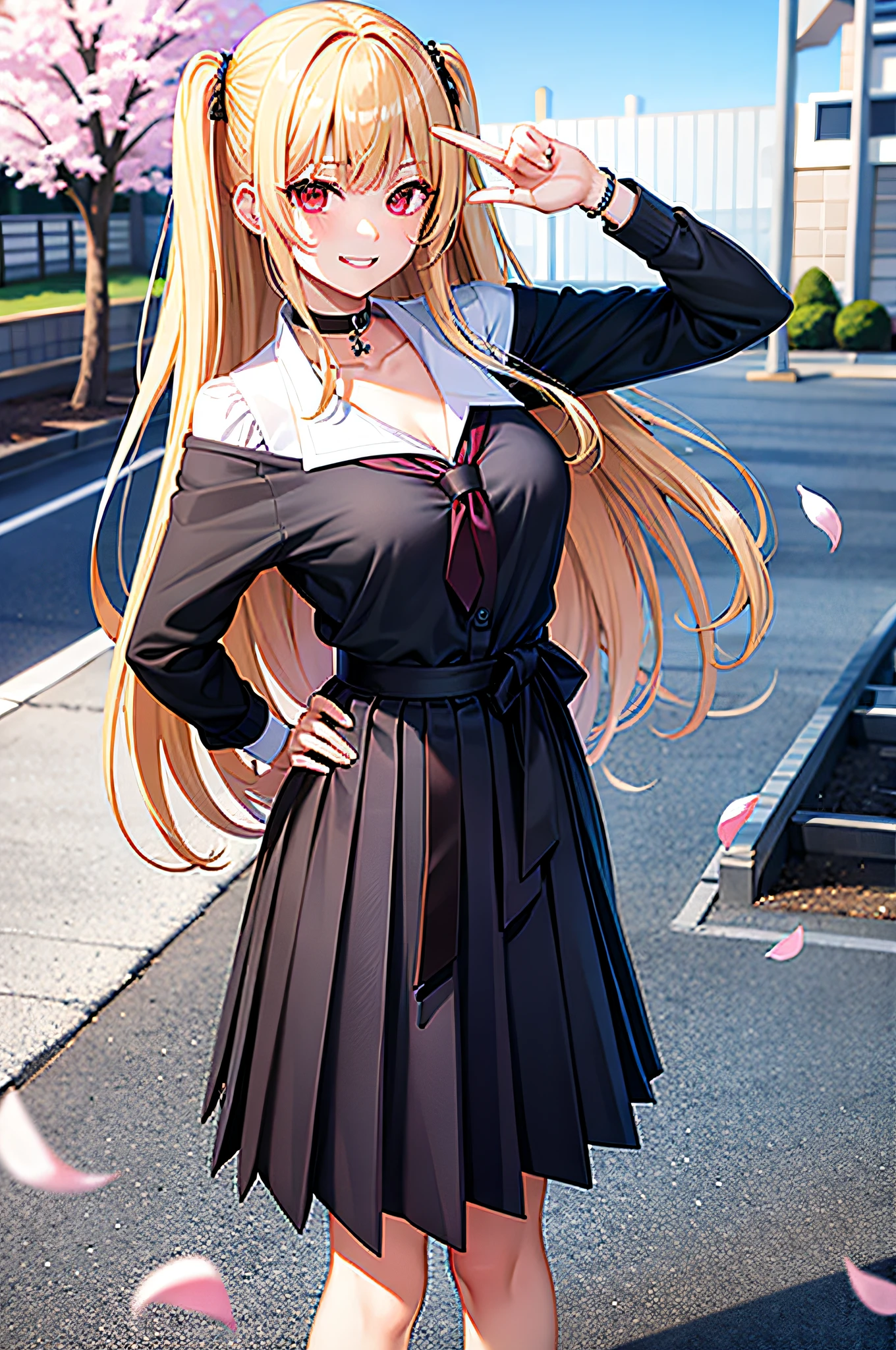 masterpiece, best quality, salute, hand on hip, full body, 1girl, bangs, black choker, black necktie, blonde hair, blue skirt, blush, bracelet, breasts, choker, clothes around waist, collarbone, collared shirt, cowboy shot, dress shirt, ear piercing, eyebrows visible through hair, gradient hair, grin, gyaru, jewelry, kogal, long hair, looking at viewer, loose necktie, necktie, piercing, plaid, plaid skirt, pleated skirt, red eyes, ring, school uniform, shirt, skirt, smile, solo, white shirt, street, sky, cherry blossoms, petals