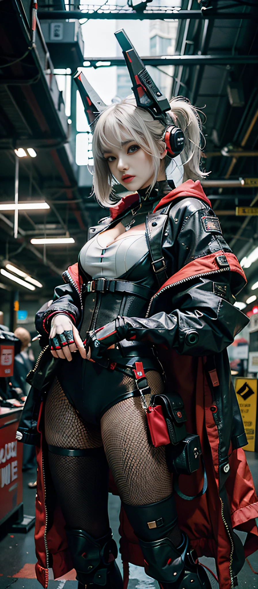 there is a woman with small breasts in a corset and a black and white outfit, with Fishnet on breasts, wearing techwear and armor, cyberpunk outfit, wearing japanese techwear, intriguing outfit, all black cyberpunk clothes, cyberpunk style outfit, female cyberpunk anime girl, cyberpunk streetwear, cyberpunk dress, anime girl cosplay, photograph of a techwear woman, cyberpunk anime girl, wearing cyberpunk streetwear, maid outfit