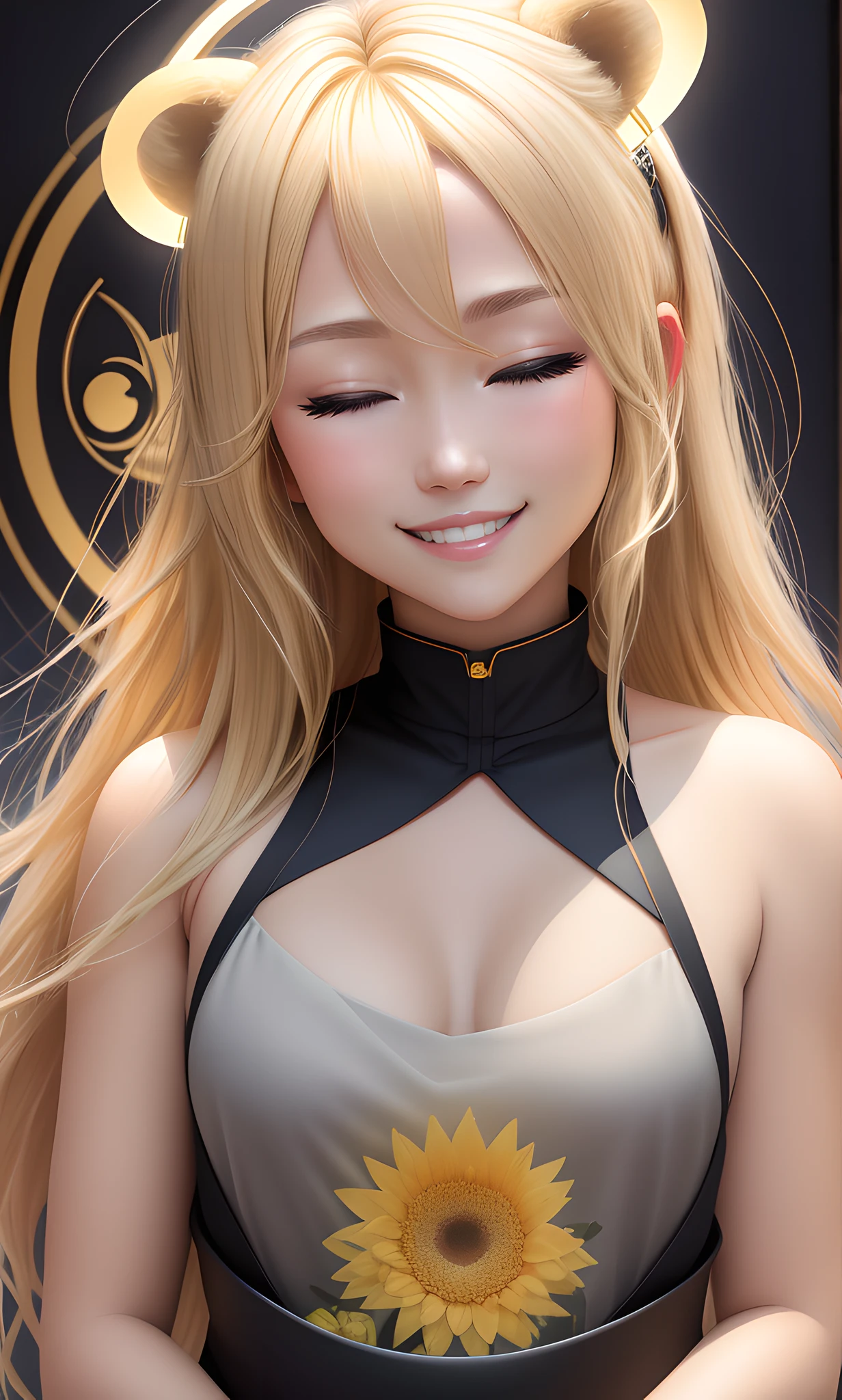 blonde hair, halo, one eye closed, bear ears, grin, Surrealism, Mannerism, image fill, silhouette, tachi-e, vanishing point, fisheye, Nikon, 85mm, Sony FE GM, UHD, masterpiece, textured skin, 8k