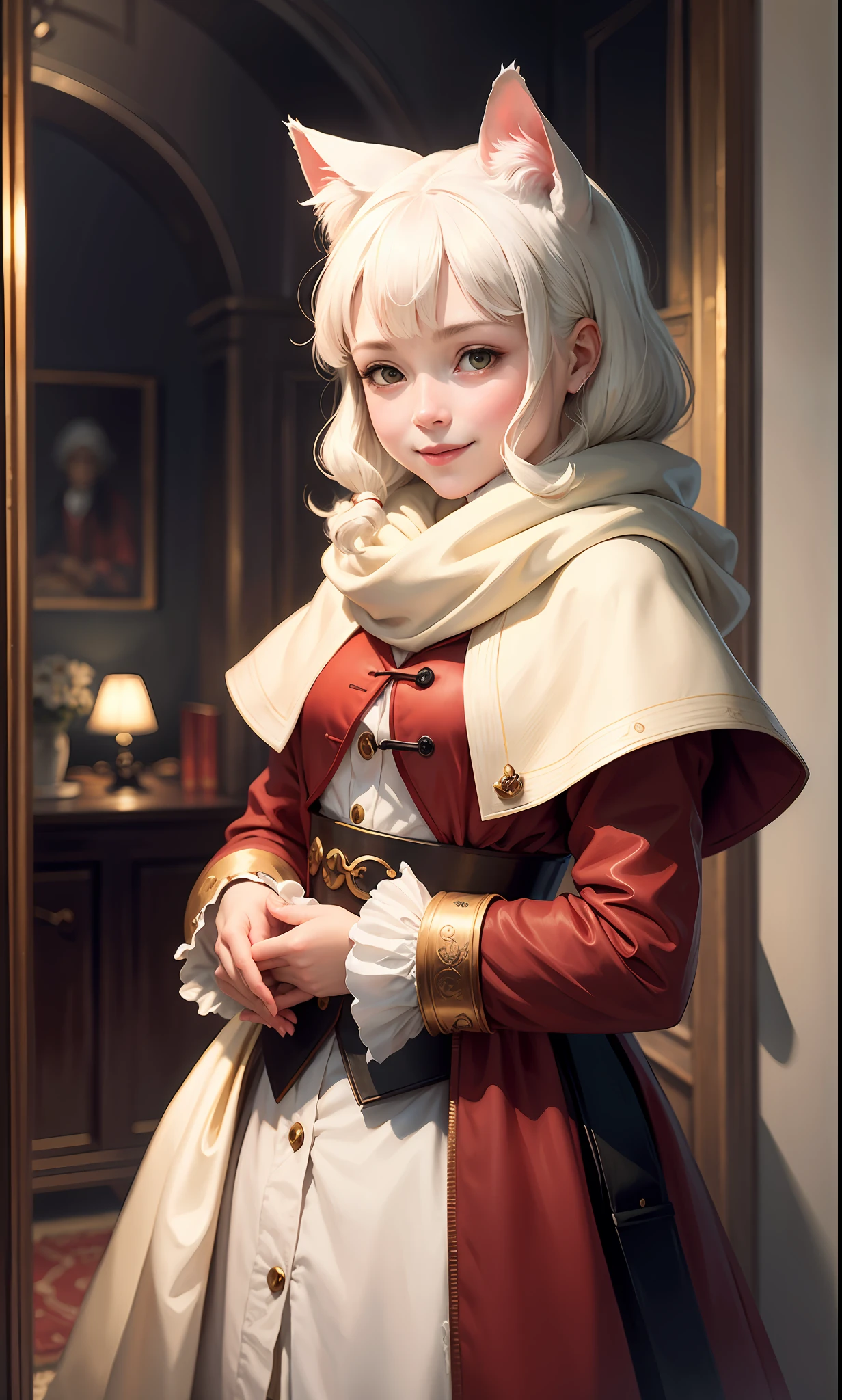 A painting of a white cat wearing a red coat and white scarf, Inspired by Karel Fabritius, Masterpiece human portrait, Inspired by Johannes Fabritius, Nobles with dignity, Inspired by Barente Fabritius, In the painting of the cat, Cat portrait, by Karel Fabricius, Anthropomorphic cats, by Johannes Fabritius, wince, smile, film grain, Sony FE GM, 8k, UHD, masterpiece, textured skin