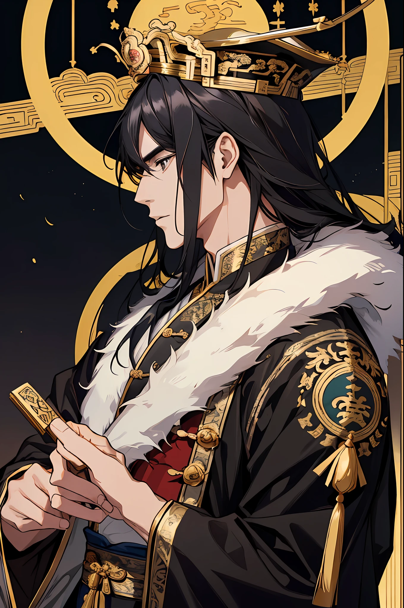 Masterpiece, best, night, full moon, 1 person, mature man, ancient China, Chinese court, eagle, black hair, black eyes, split hair, long hair, long bangs, handsome, face carving, Chinese crown, handsome, masculine, Serious, gentle, tall, calm, black and gold, gold pattern, dragon pattern, prince, sword match, profile, facial features details, facial features exquisite