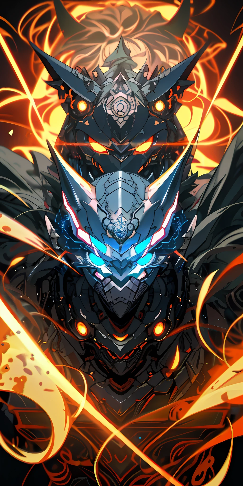 Anime Robot beutiful blue magma skin golem cat girl magic, aesthetic_eyes, detailed eyes, demon horn, mask, wings, glowing, random fantasy hair, multicolored hair, body detailed, random very angry face, detailed face, Saenyo Ancalagon Anthropomorphic majestic Guardian | Portrait | finely detailed Obsidian and Lava armor | cinematic lighting | intricate filigree metal design | 8k | unreal engine | octane render | aesthetic_eyes, detailed eyes, body detailed, ahegao, detailed face, highly detailed, fantasy background, blush, cat_ears_earrings hair_ornament highres jewelry triple_earring, detailed all, solo, fightning stance, magic circle, electrification, lightning effect, ray tracing, detailed all, show your ability A.I, 4K Ultra HD. add face mask, add fullface mask, mouth and nose covered by mask