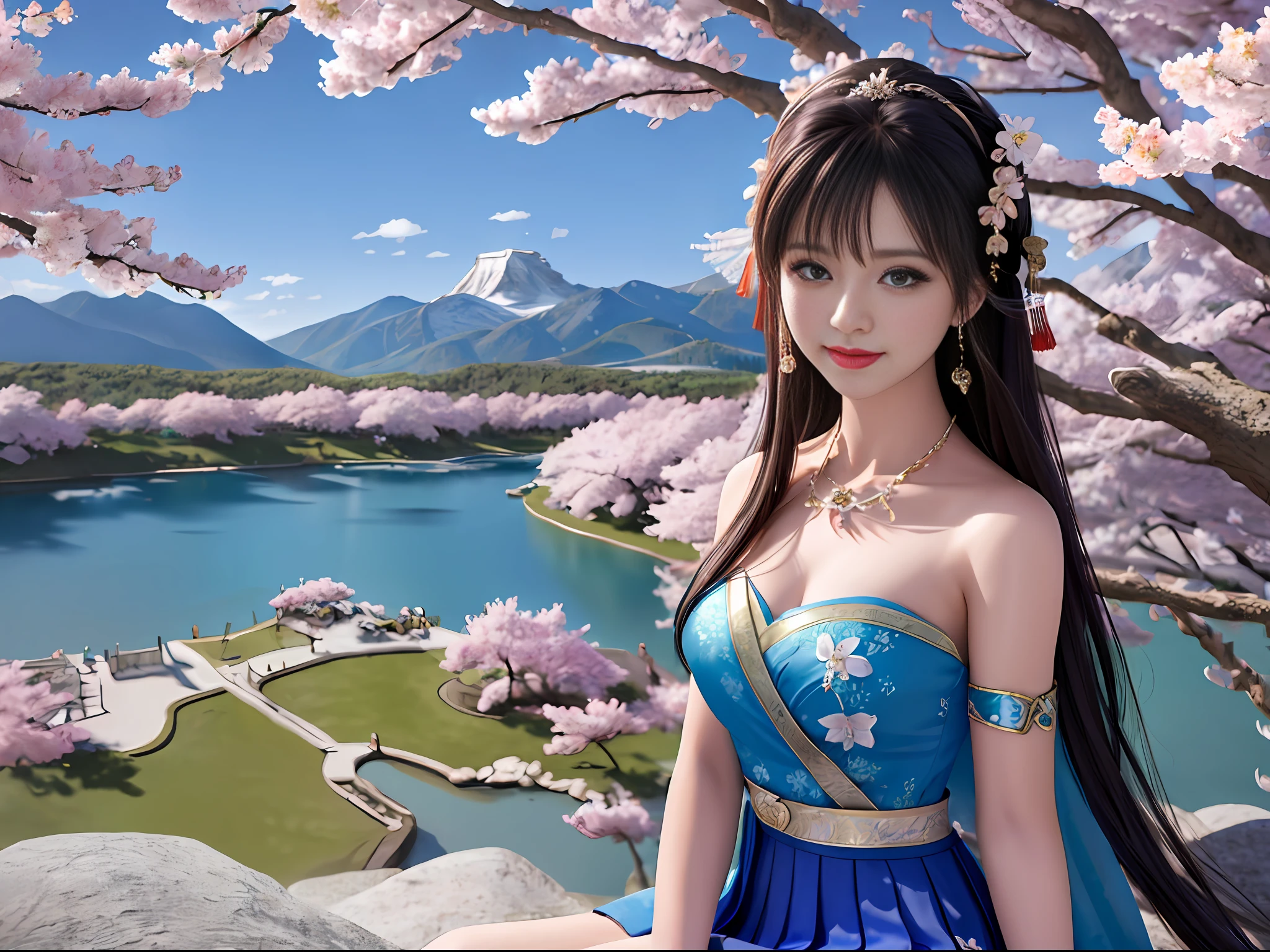 ((((a girl)))))),((solo)))))),(Best quality: 1.4), Masterpiece, High quality, High resolution, Excellent, Photo, 8k, wallpaper, very real and realistic, sitting on stone, (blush), star pupils, (realistic face), (high detail face), smile, healing smile, bright big eyes, delicate eyelashes, beautiful face, beautiful and delicate face, (high detail skin: 1.2), Chinese Hanfu, (( Azure dress)), (bandeau), (cleavage), ribbon, short skirt, leaky shoulders, leaky legs, (long hair), (bangs), (hair accessories), jewelry, necklaces, jewelry, light sense, ((mountain), (lake), (cherry blossom bloom)), high detail background, 8k uhd, SLR, soft light, high quality, volumetric lighting, sneak peek, photo, high resolution, 4k