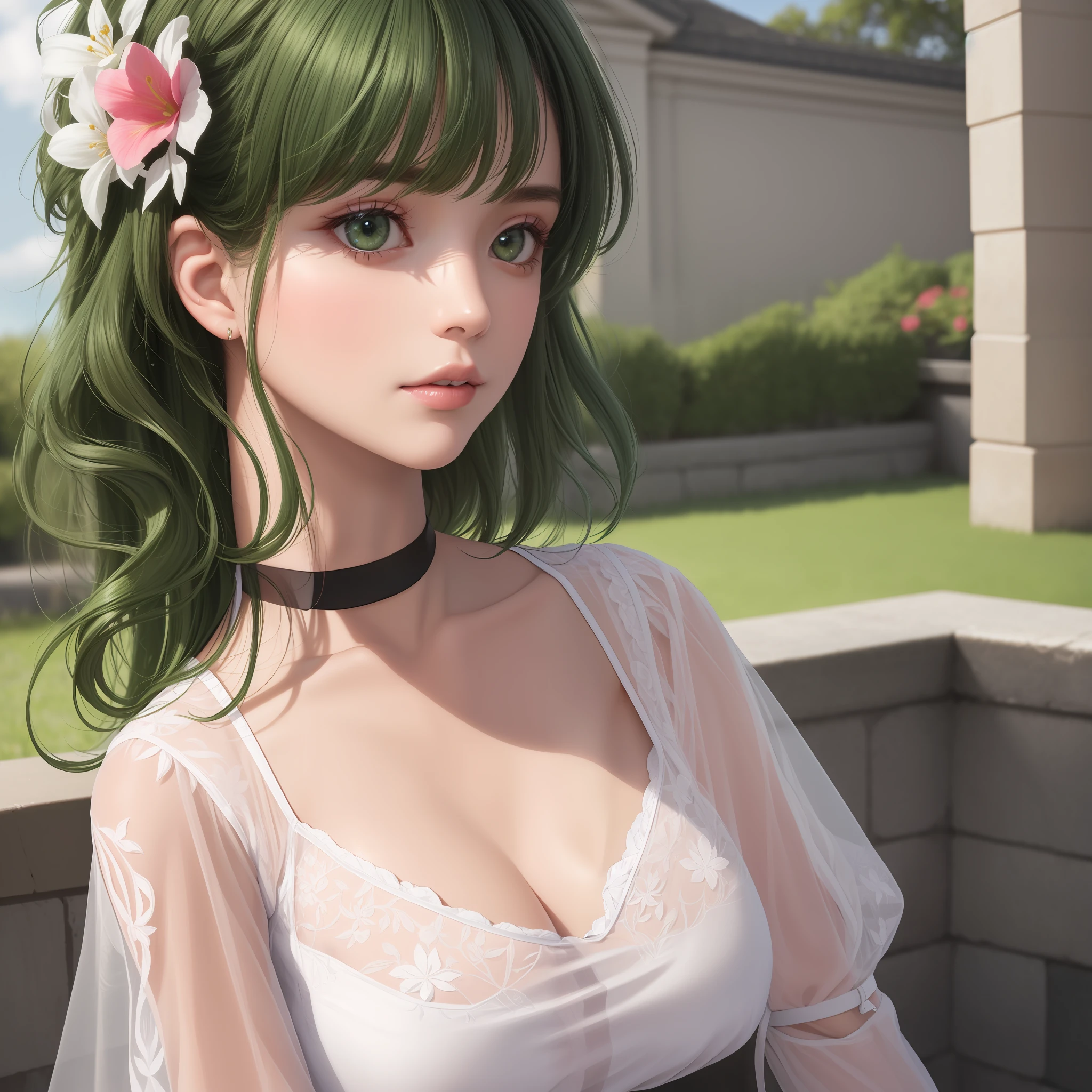 RAW, (masterpiece, best quality, photorealistic, absurdres, 8k:1.2), nsfw, best lighting, complex pupils, detailed background, evening, theater,
1girl, solo, upper body, (close up, face focus:1.2), looking away, cowboy shot, standing, sorry, shiny skin, eyeliner, gothic eyeshadow, blush, flower, medium hair, curly hair, green hair, highly detailed skin,
sheer blouse, hair flower, chocker, see-through,