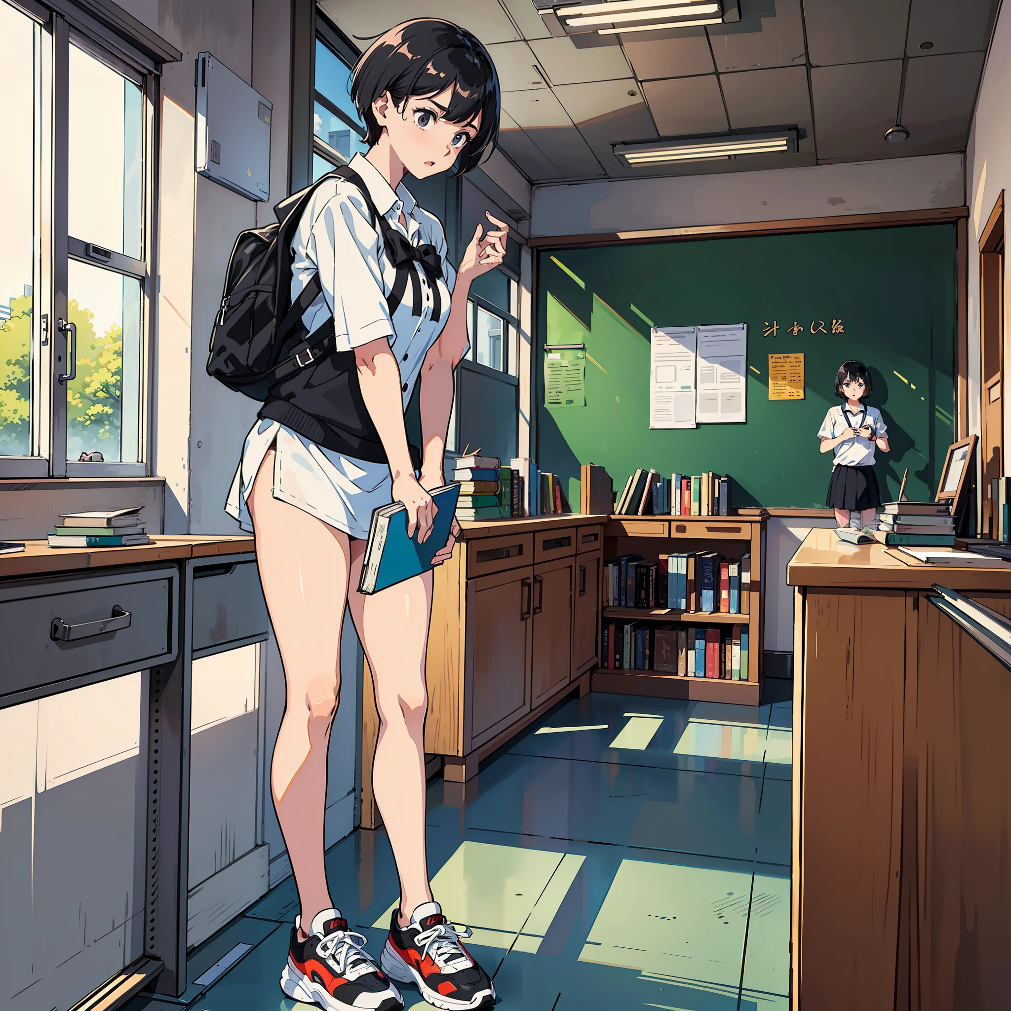A man with short black hair in a white shirt and black panties standing in school holding a book, sneakers, panicked, (school 1.5 in the background) (expression shocked, surprised 1.5) (not looking at the camera)