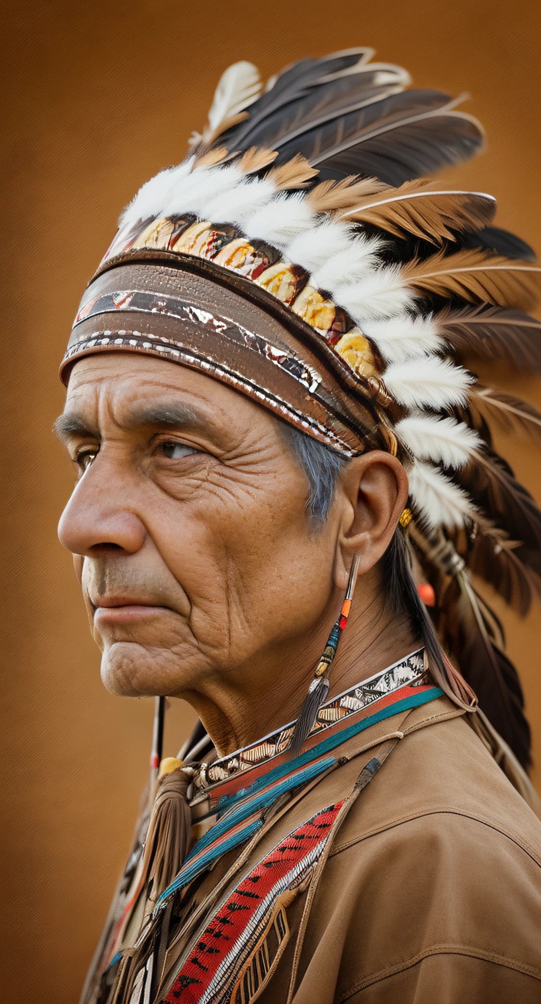 an old American Indian chief, semi-profile, wrinkled face, bright brown eyes, weathered skin, highly detailed, war paint, war bonnet,