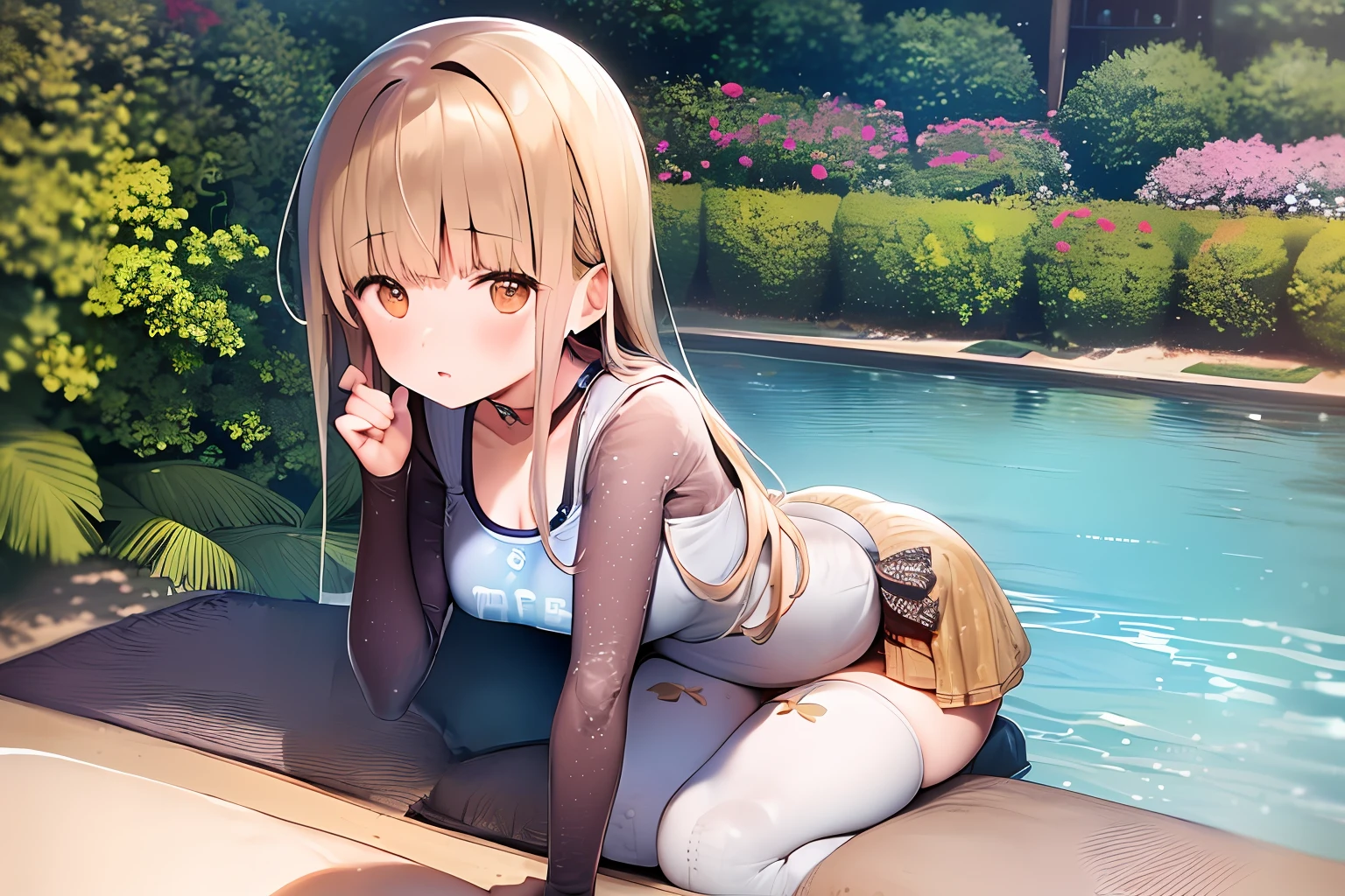 masterpiece, 1girl, Mahiru Shiina, bikini, lying, beach, high, ((all fours:1.5)), ((man behind Girl:1.5)), full body, Perfect eyes,