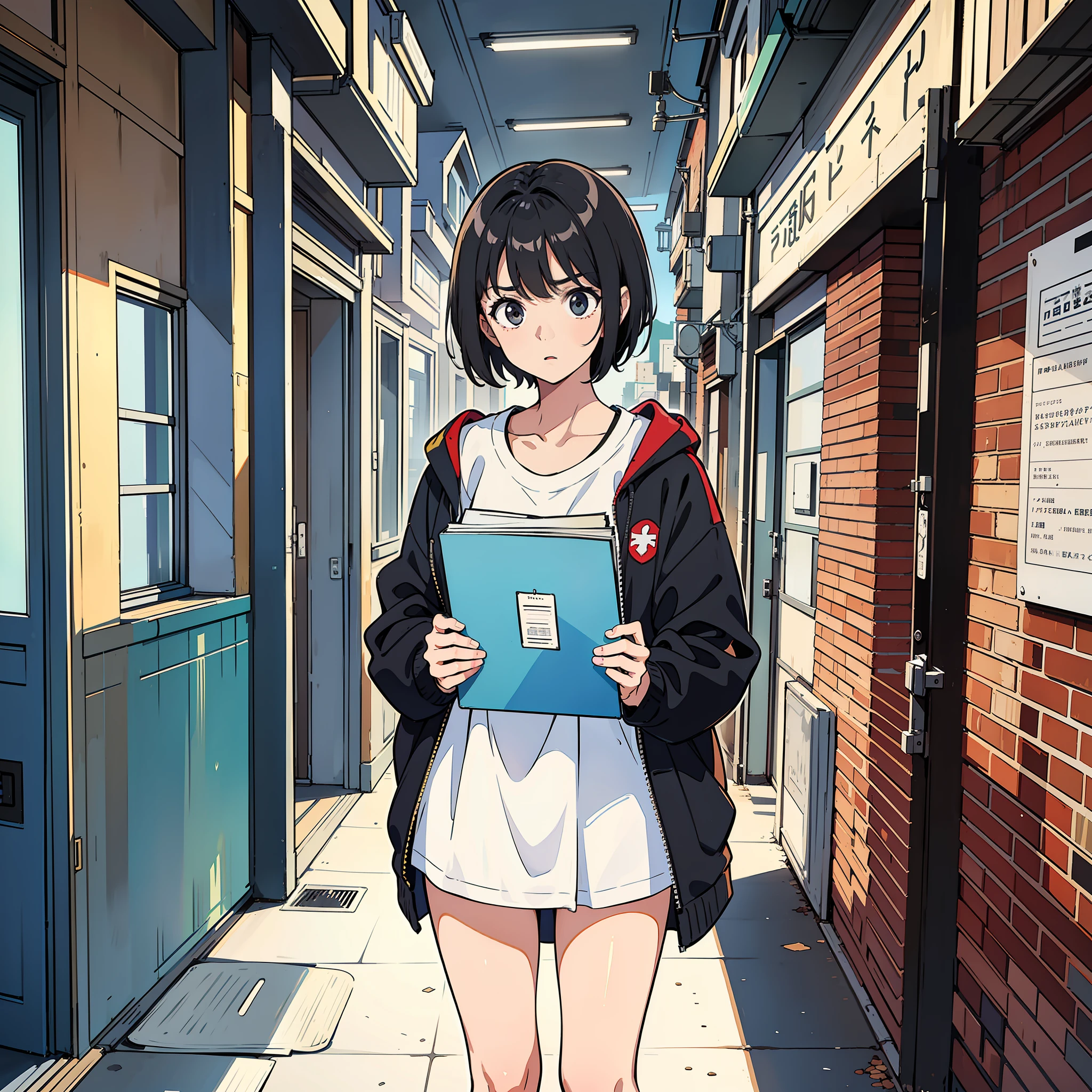 A man with short black hair in a white shirt and black panties standing in school holding a book, sneakers, panicked, (school 1.5 in the background) (expression shocked, surprised 1.5) (not looking at the camera)