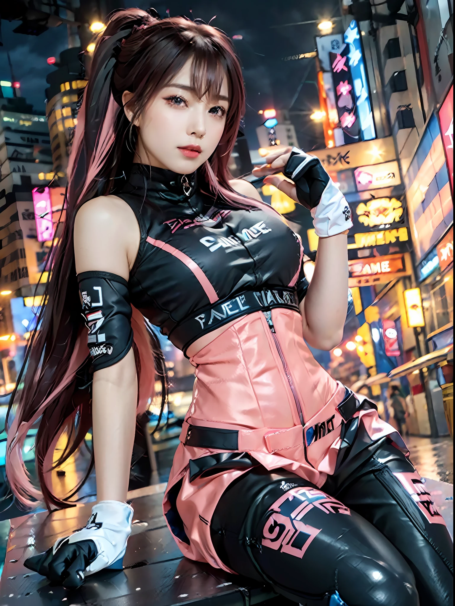 Top Quality, Ultra High Definition, (Photorealistic: 1.4), (Pink Long Hair: 1.3), (Azure Lane\), 1 Girl, (Kpop Idol), Watch Audience, Detailed Face, Contrapposto, Smooth Skin, Perfect Anatomy, Cityscape, Professional Lighting, Futuristic Fashion, Streetwear, High-tech Fabric, Racing Suit, fireproof material, elbow and knee pads, racing gloves, personalized embroidery, sports car background, pits, miniskirts, belly button, pink hair,