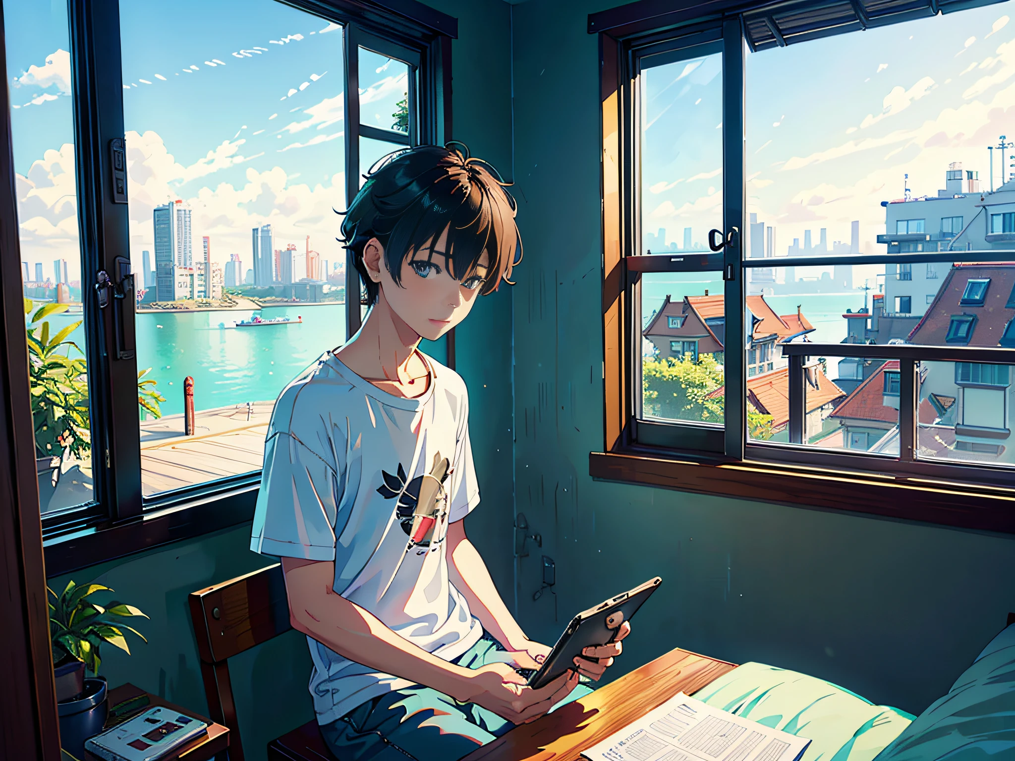 Sunny in the morning, a boy sitting in the bedroom, the man wearing a white T-shirt, the background is in the bedroom, sitting on a chair, sitting on a stool, holding the mobile phone in his hand, looking at the mobile phone with his eyes, (phone: 2.0), the lens mainly features the upper body, (the lens mainly focuses on the scenery outside the bedroom window 3.0), in the Loepfe art style ((New Sea City), popular in CGStation, New Haicheng H 2160, inspired by Bian Shoumin, Xinhaicheng, Kavasi, Guwitz style, high quality, 4K, 8K, resolution, -auto-s2