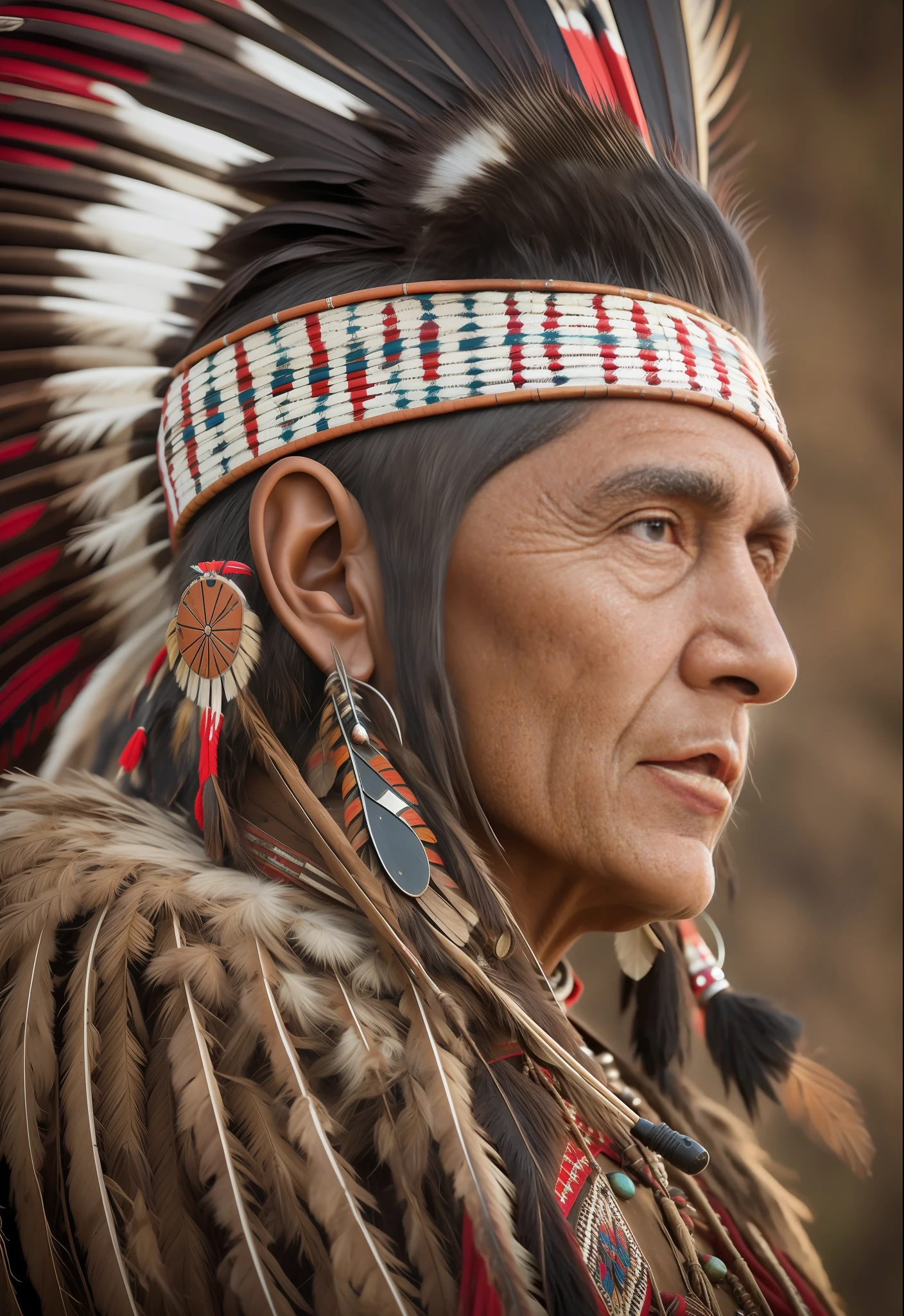 an old American Indian chief, semi-profile, wrinkled face, bright brown eyes, weathered skin, highly detailed, war paint, war bonnet,