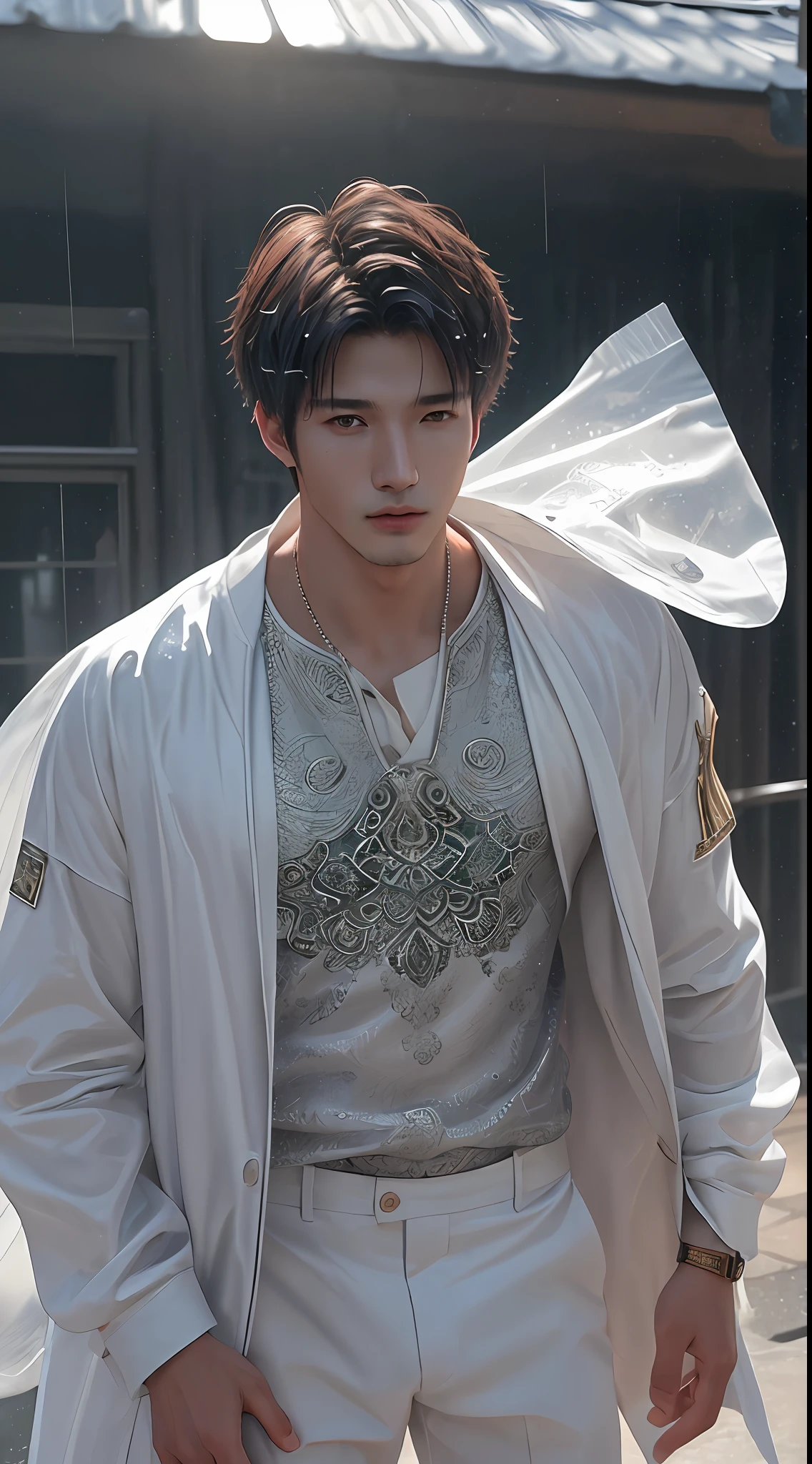 1Man, ((male))heaty skin, masterpiece, best quality, most handsome man in the world, by Shen Quan, prefect body, beautiful male model, an attractive man 22-27 years old aesthetic, Fields, at old town, raining, plains, ruggedly handsome young man wearing a white short plants , white rain-jacket (Male Focus), ((smooth body)), ((sweating face)) super cute, dynamic pose, cool and seductive, dramatic lighting, full body shot, full body shot, youthful face, body without hair, thin and tall, fit body, tall, dominant, Caucasian or white skin, firm body, high definition, natural flesh tones, soft light, highly detailed, looking at viewer, photography, detailed skin, real person, realistic, photo-realistic, insanely detailed, face detail, hype maximalist, hype hyperrealism, cinematic, telephoto, lighting intricate details, highly detailed, highly detailed, digital painting, artstation, concept art, smooth, sharp focus, illustration, Unreal Engine 5, 8K, art by Ross Tran and greg rutkowski and alphonse Mucha, UHD, 8k, show only male.8k uhd, dslr, dim lighting, high quality, film grain, Fujifilm XT3, male only fan,