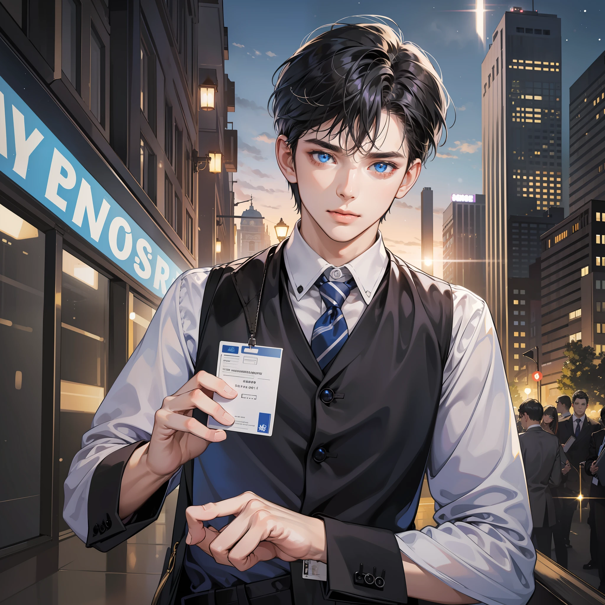 Masterpiece, high quality, best quality, HD, realistic, perfect lighting, detailed face, detailed body, 1 man, black school uniform, black hair, blue eyes, nervous expression, holding student ID card in hand, sparkling lights illuminate the night