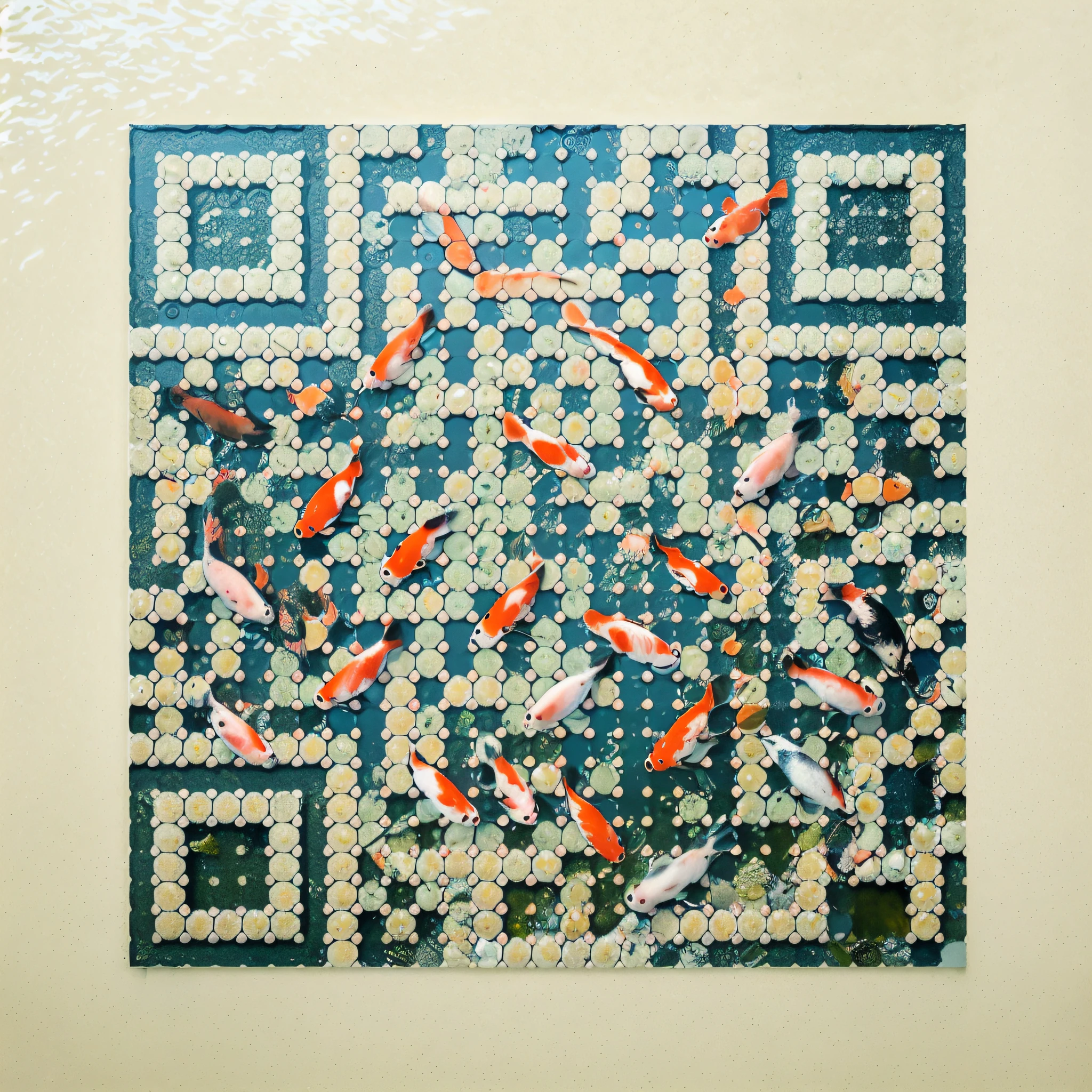 Symmetrical, High Detail RAW Color Photo Professional Close-Up Photo, [:( High Detail Face: 1.2): 0.1], (PureErosFace_V1: 0.8), fish koi pond from above, bloom, natural lighting, hard focus, film grain, photographed with a Sony a9 II Mirrorless Camera, by Laurence Demaison
